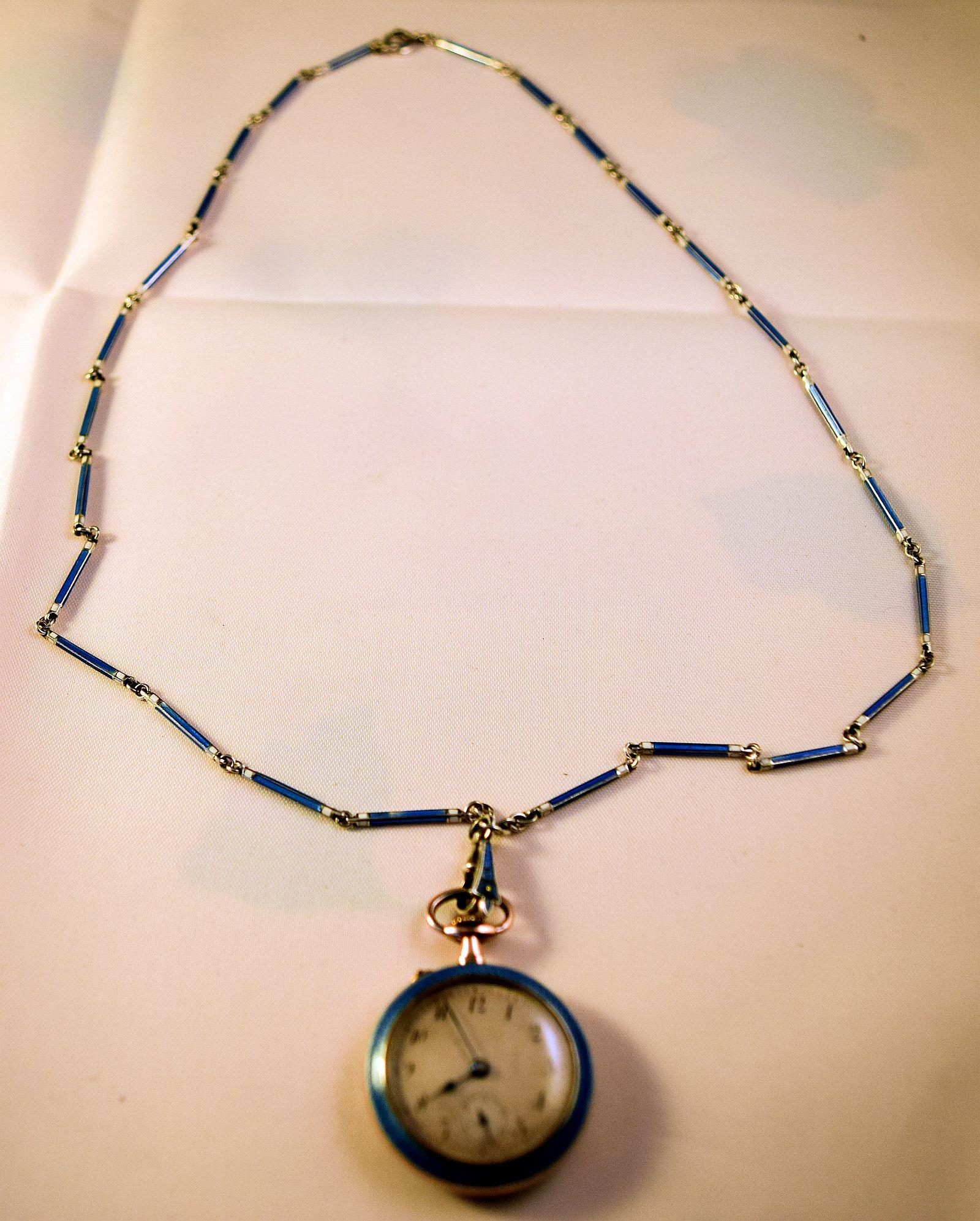  AntiqueSilver Blue enamel Ladies Fob Watch on a blue matching enamel link chain 3