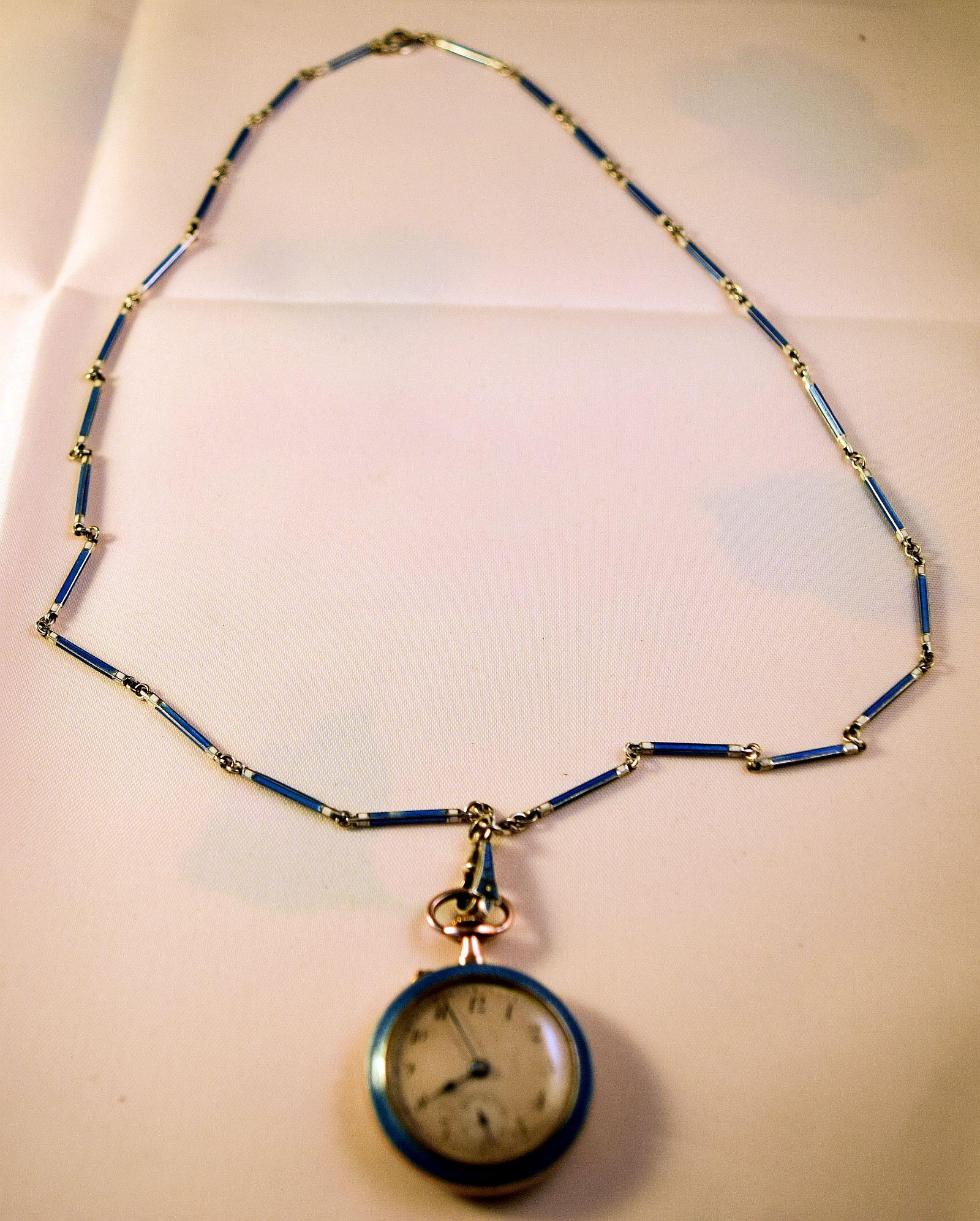 AntiqueSilver Blue enamel Ladies Fob Watch on a blue matching enamel link chain 3
