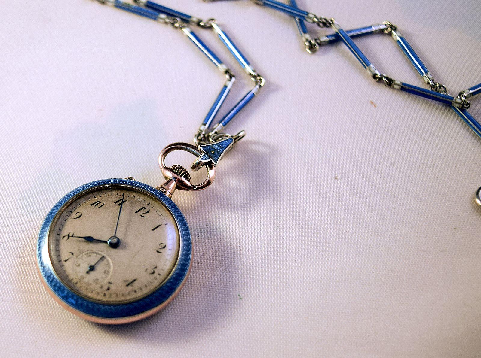 AntiqueSilver Blue enamel Ladies Fob Watch on a blue matching enamel link chain 4