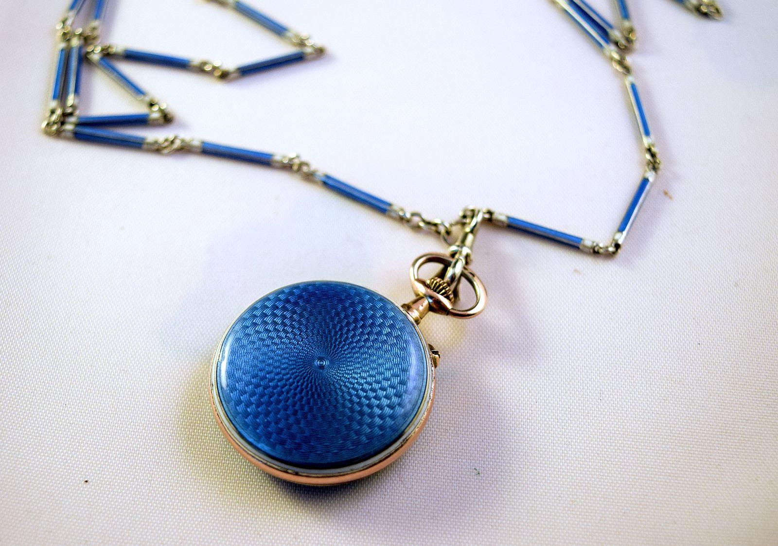  AntiqueSilver Blue enamel Ladies Fob Watch on a blue matching enamel link chain 5