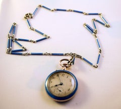  AntiqueSilver Blue enamel Ladies Fob Watch on a blue matching enamel link chain