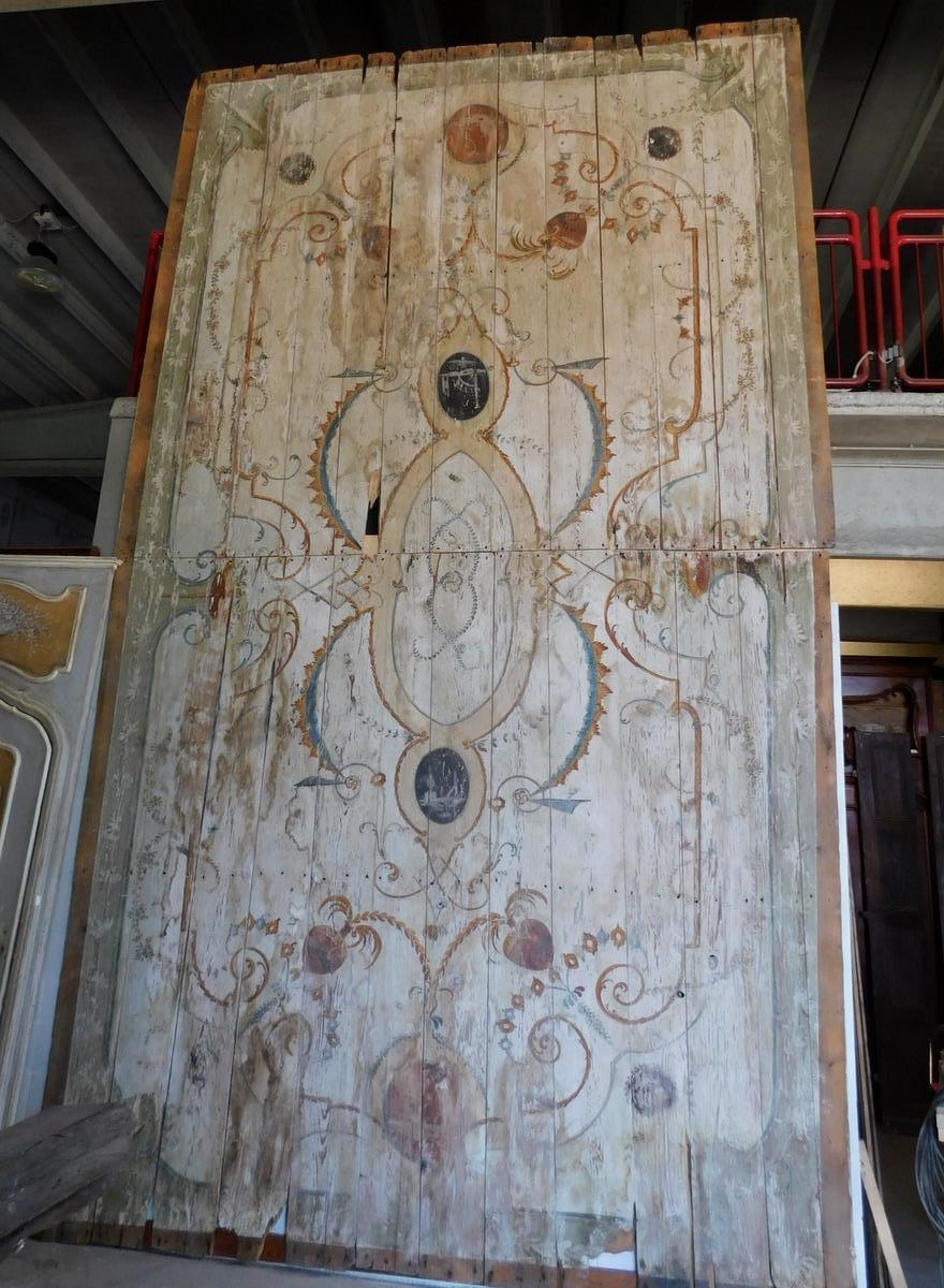 Italian Antiquet Hand-Painted Plank Ceiling, Grotesque '700, Sicily, Italy