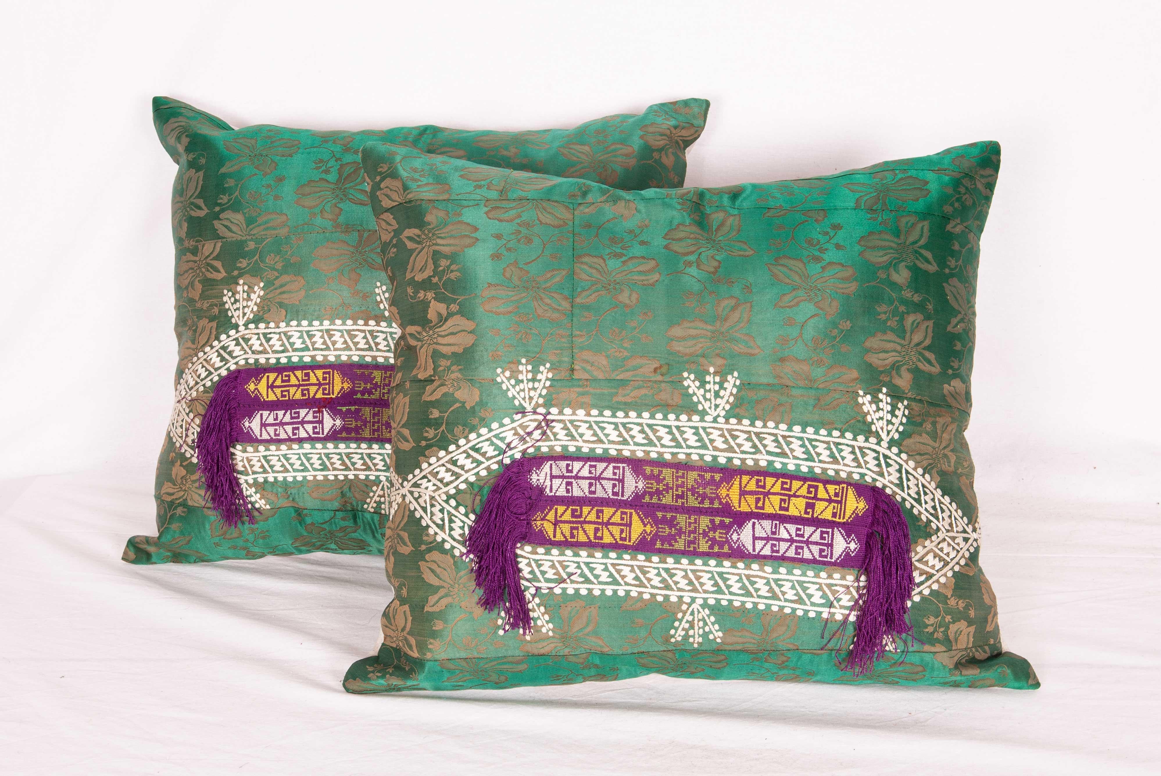 Embroidered Antiue Silk Pillow Cases Fashioned from a 19th Century Tajik Farange For Sale