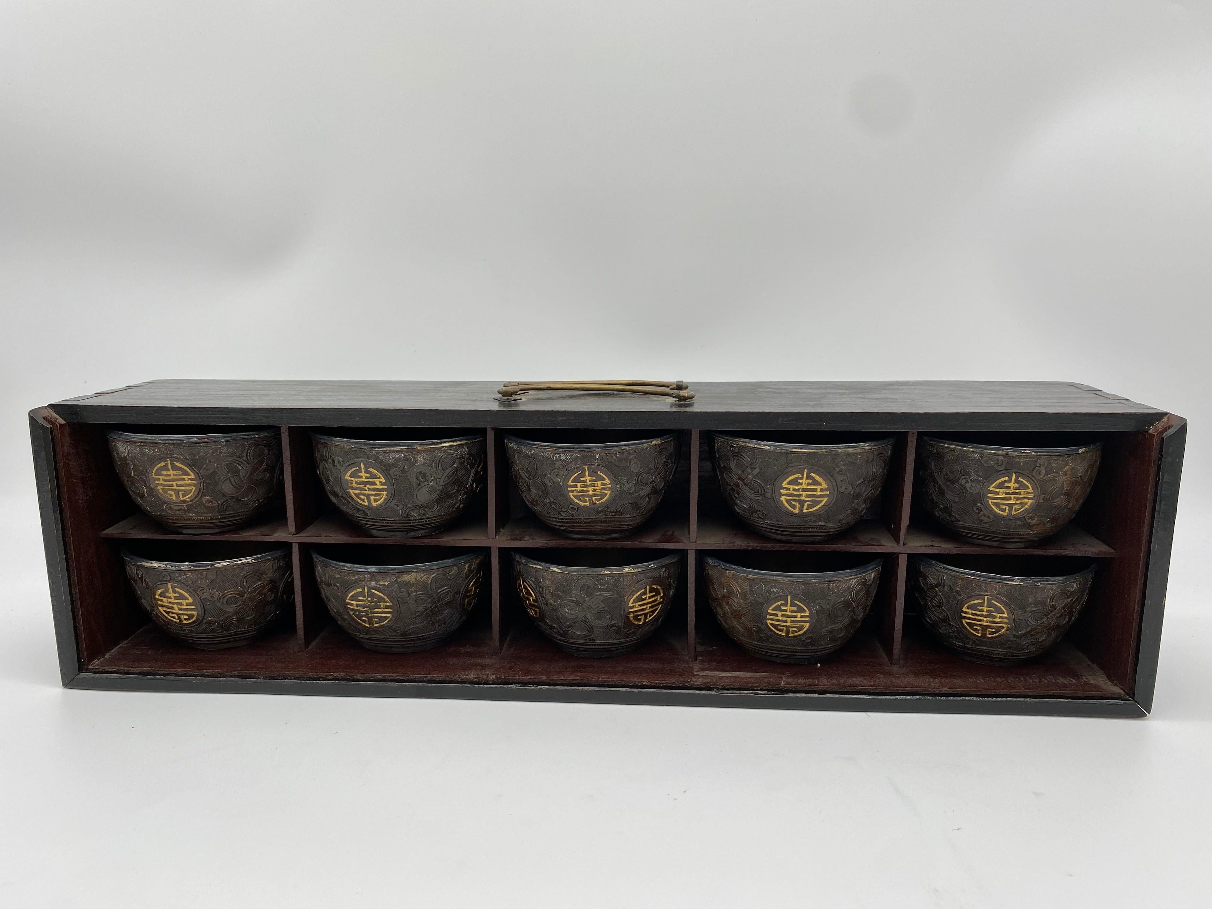 Antique Chinese a Set of 10 Silver Inlay Coconut Wine Cups In Good Condition For Sale In Brea, CA