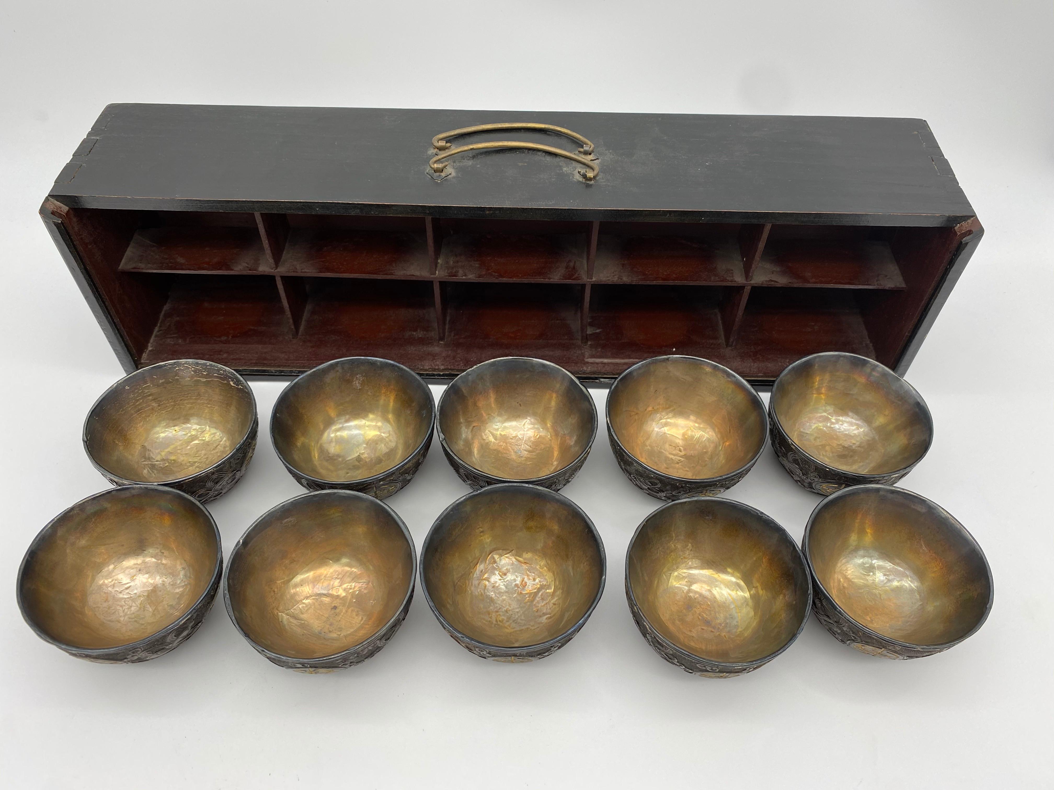 19th Century Antique Chinese a Set of 10 Silver Inlay Coconut Wine Cups For Sale