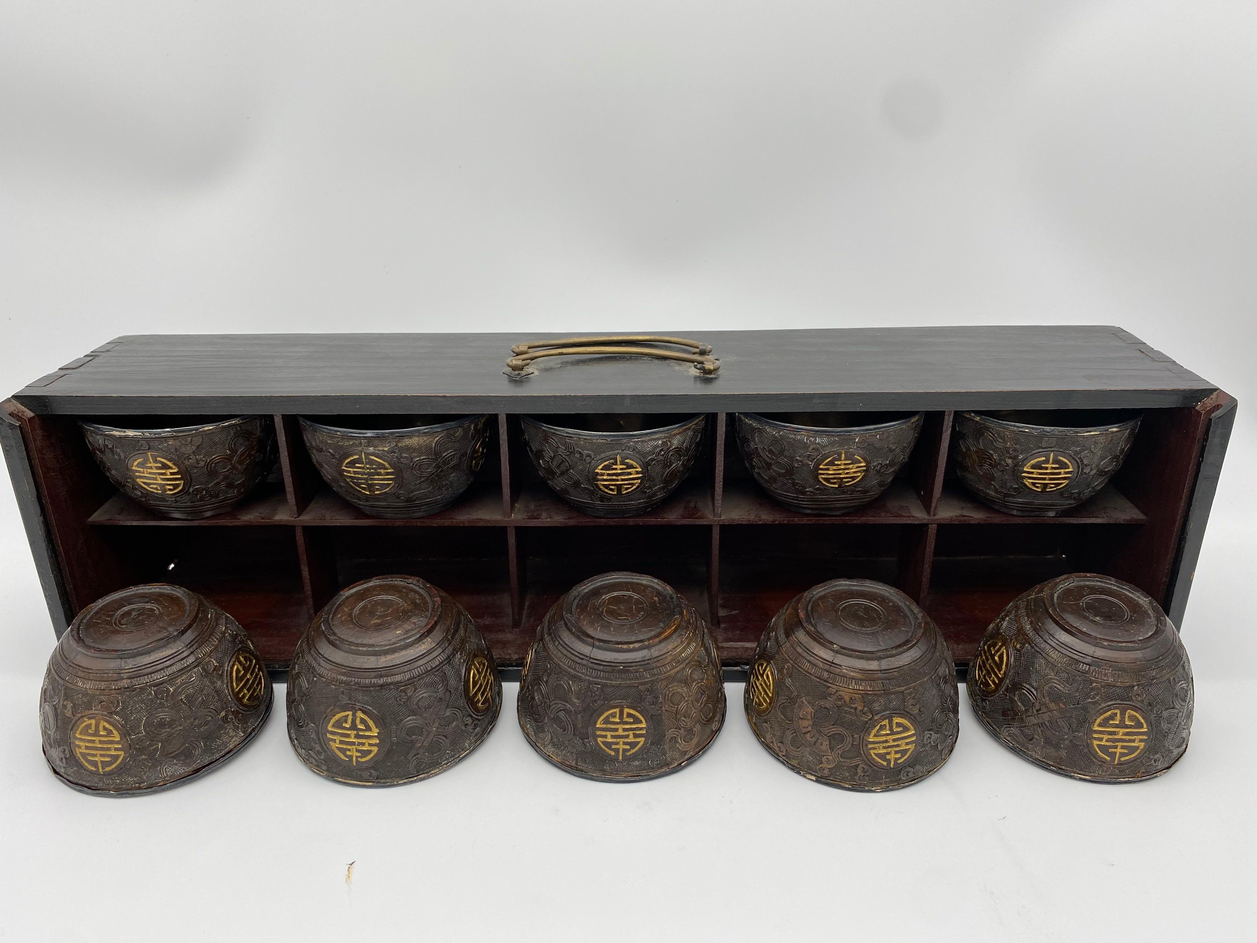 Antique Chinese a Set of 10 Silver Inlay Coconut Wine Cups For Sale 1