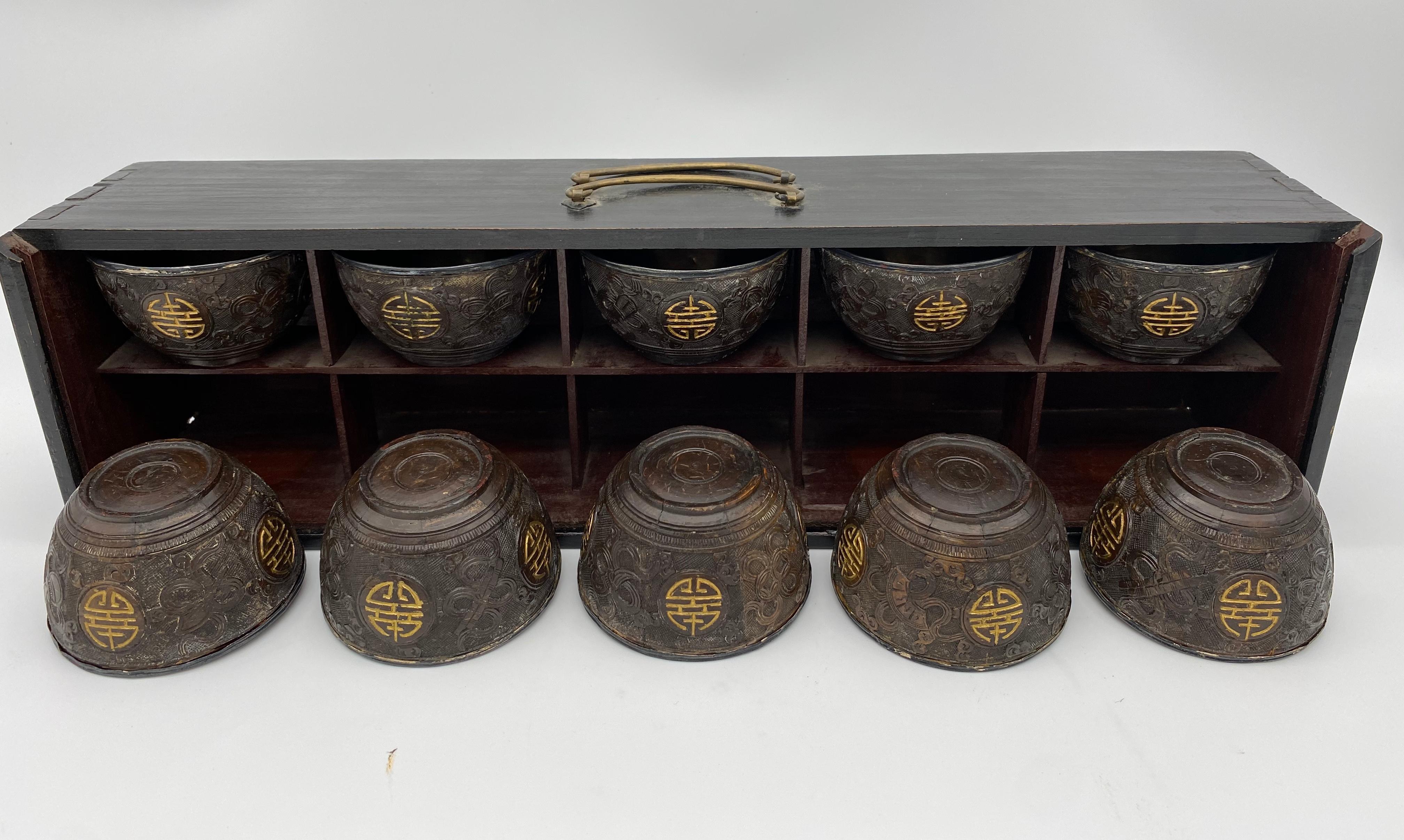 Antique Chinese a Set of 10 Silver Inlay Coconut Wine Cups For Sale 2