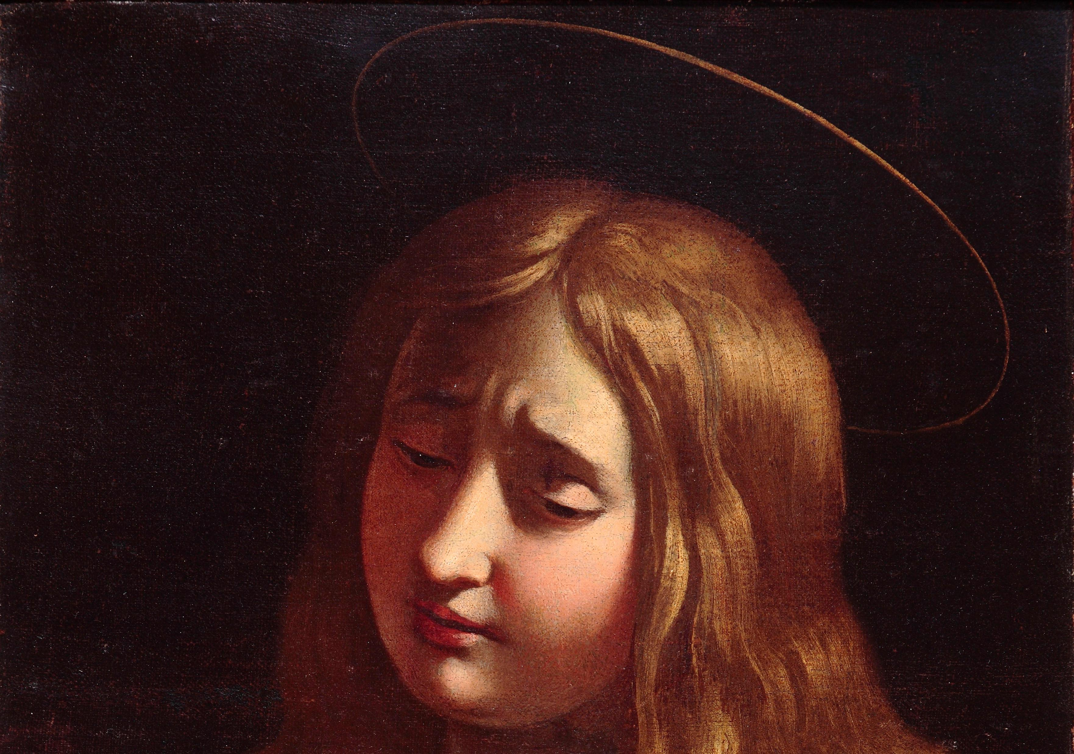 XVIIe siècle Antiveduto Gramatica Madeleine priant avec un crâne Huile sur toile - Noir Portrait Painting par Antiveduto Gramatica (Siena, 1571 - Rome, 1626)