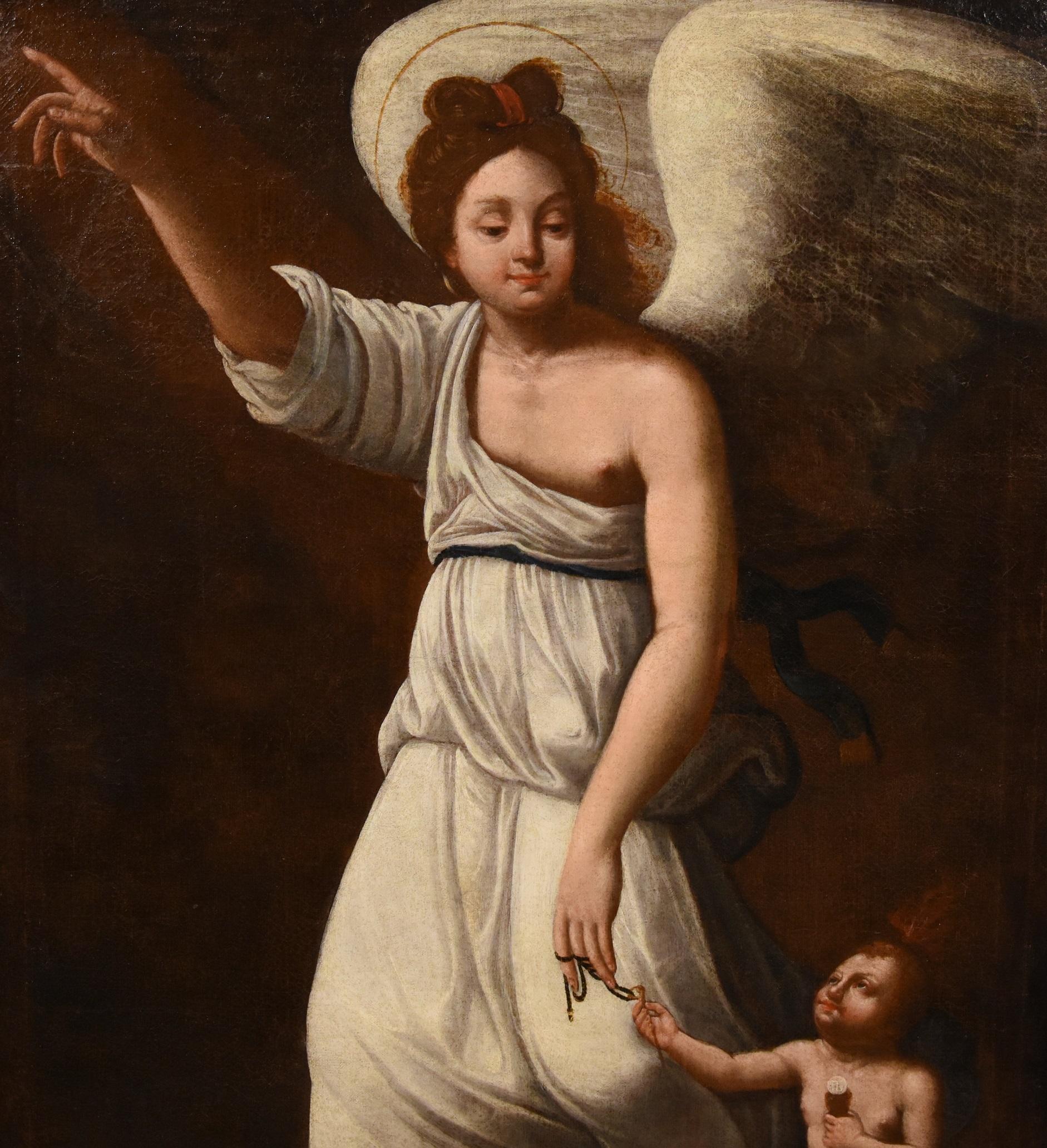 Guardian Angel Gramatica Paint Oil on canvas Old master 17th Century Religious - Old Masters Painting by Antiveduto Gramatica (Siena, 1571 - Rome, 1626)