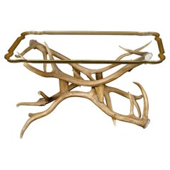 Antler and Glass Midcentury American Coffee Table with Gilded Surround