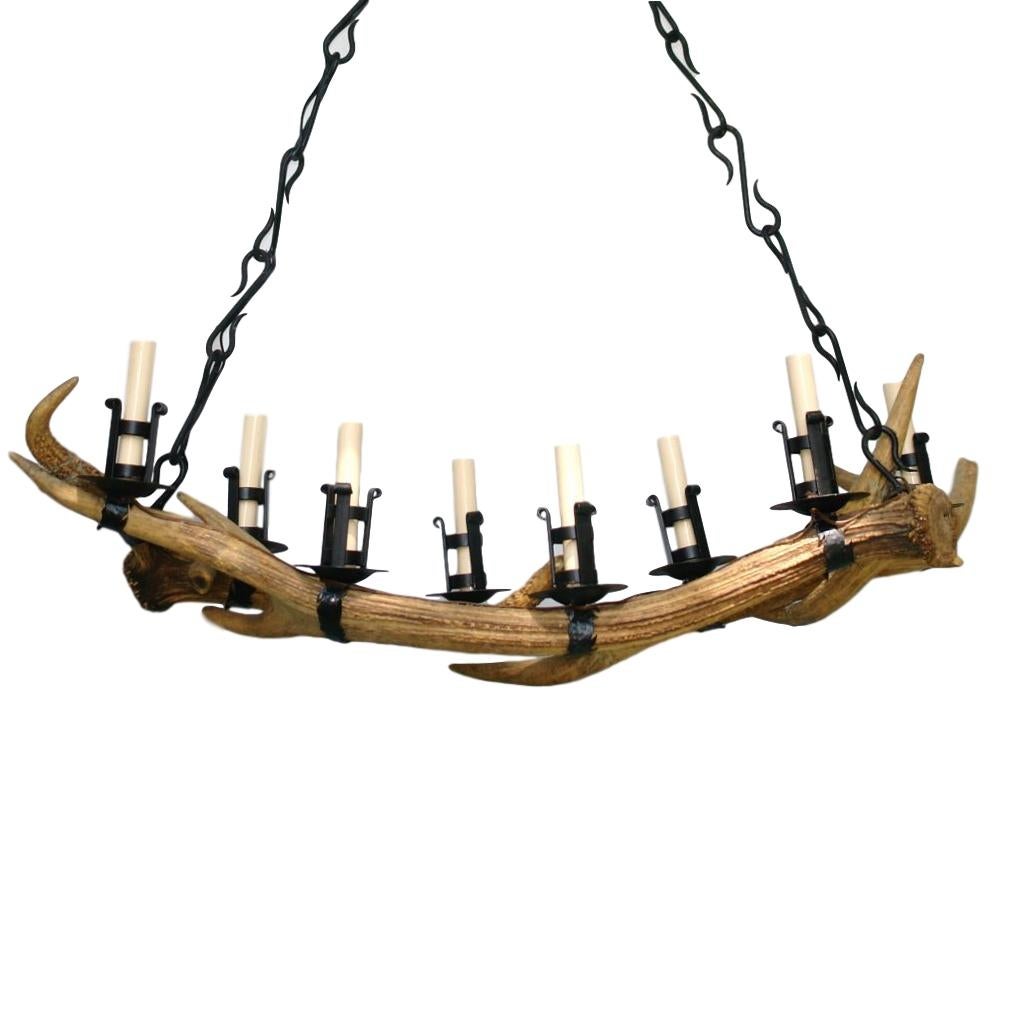 Antler and Iron Horizontal Chandelier For Sale