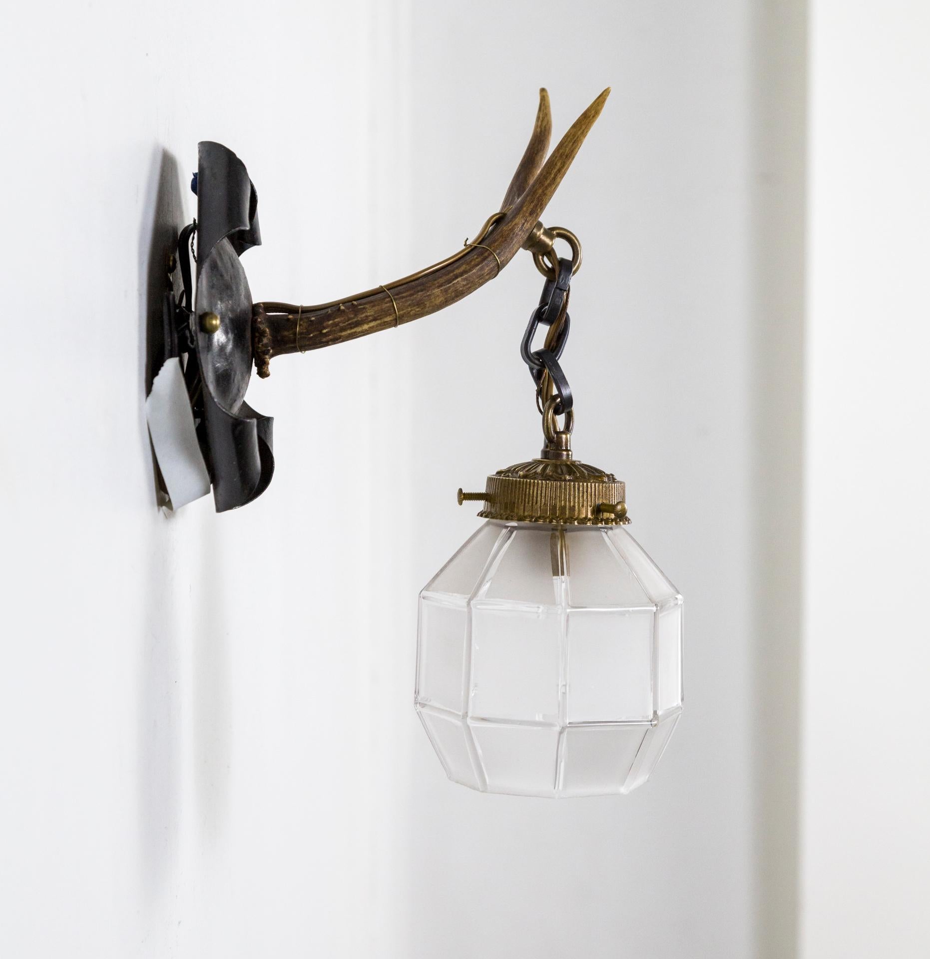 20th Century Antler Arm Sconces with Octagonal Shades 'Pair'