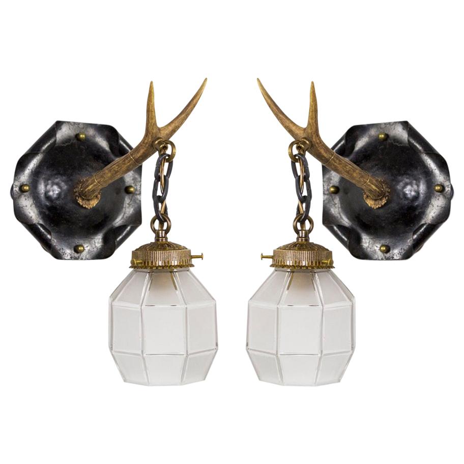 Antler Arm Sconces with Octagonal Shades 'Pair'