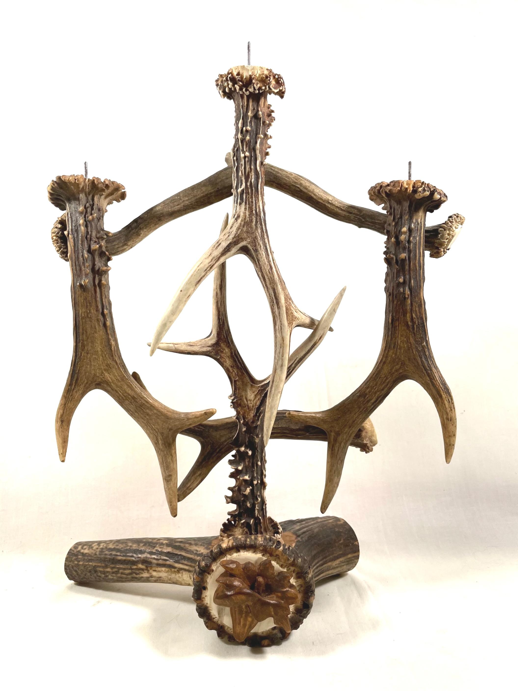 19th Century Antler Candelabra, 3-Armed with Wood Carved Enzian Flower Medallion For Sale