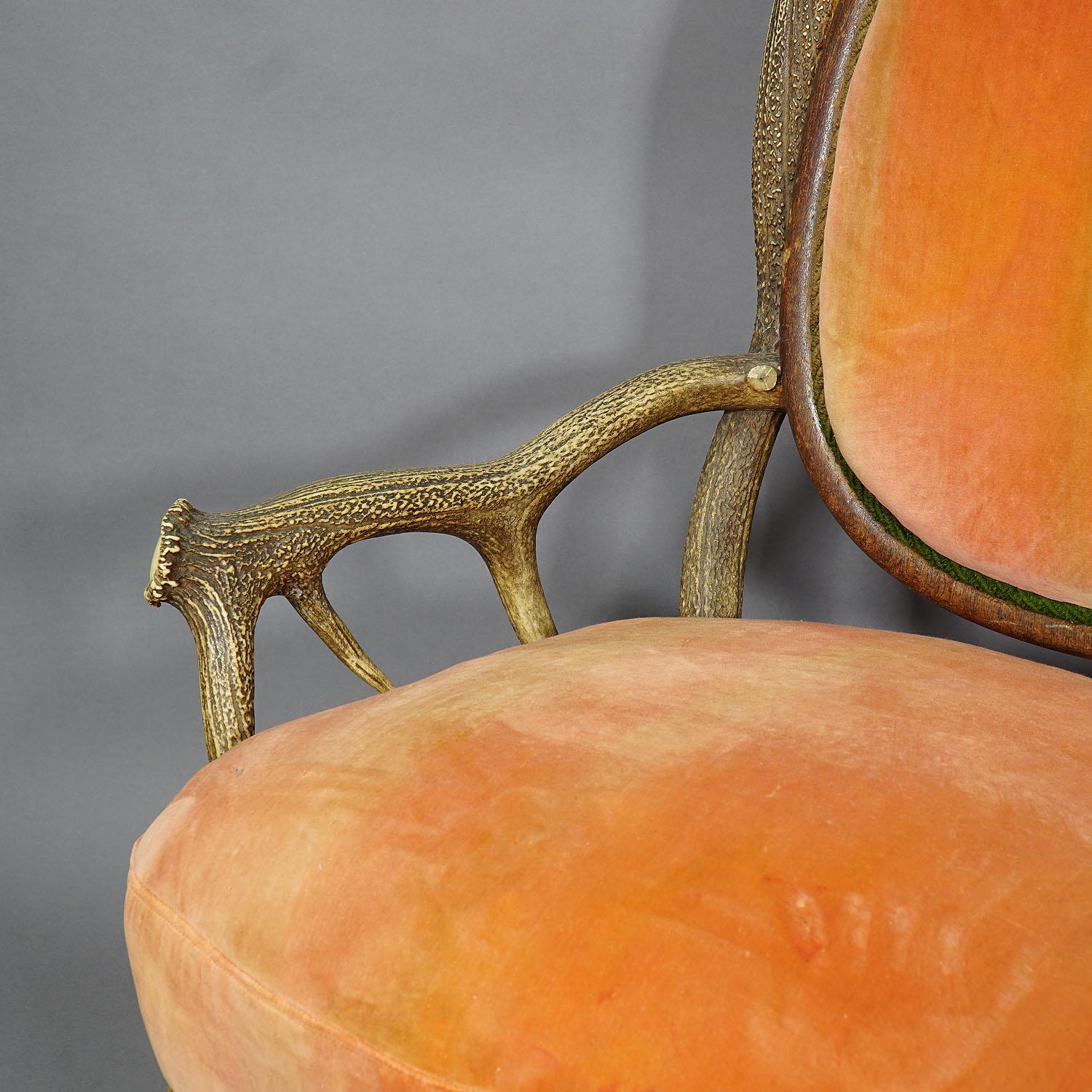 A rare antler armchair made of great original horns from the stag. elaborate manufactured in Austria - most probably by Hermann Keitel, circa 1890. Upholstered with red velvet fabric (probably renewed).

Please contact us for an individual shipping