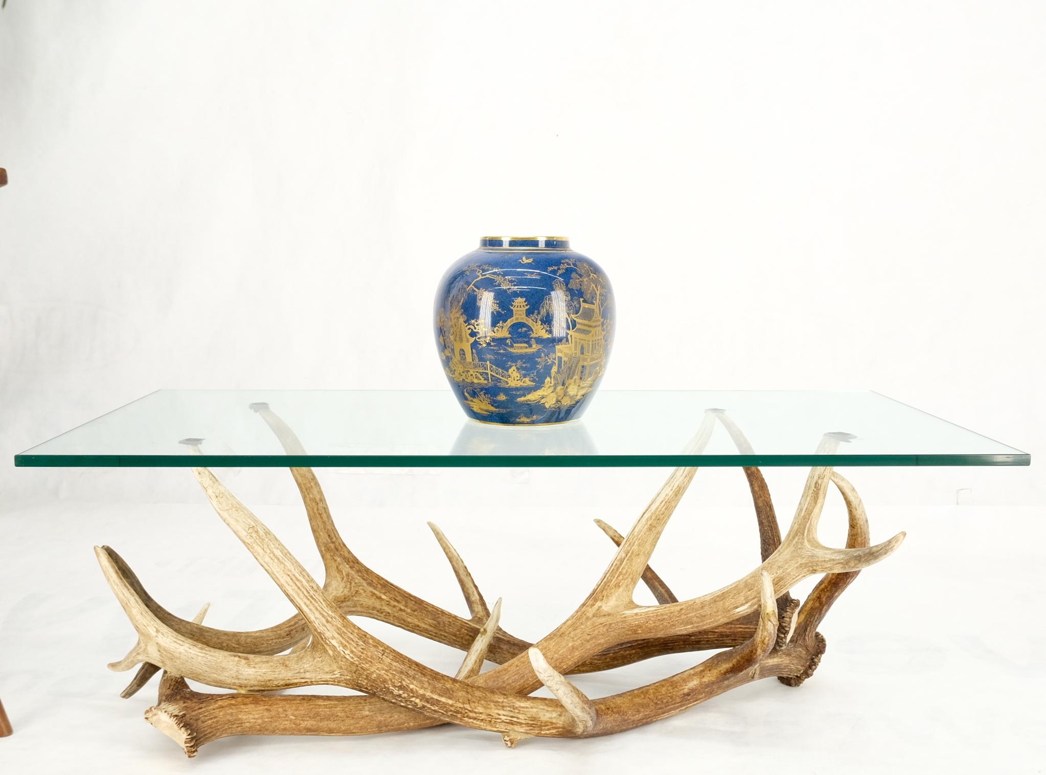 20th Century Antler Grouping Base Glass Rectangle Top Coffee Table Folk Art Mid Century Mod For Sale