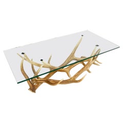 Antler Grouping Base Glass Rectangle Top Coffee Table Folk Art Mid Century Mod