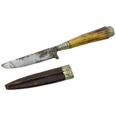 Couteau à lame fixe en bois de cervidé avec fourchette en cuir - Art populaire allemand ancien