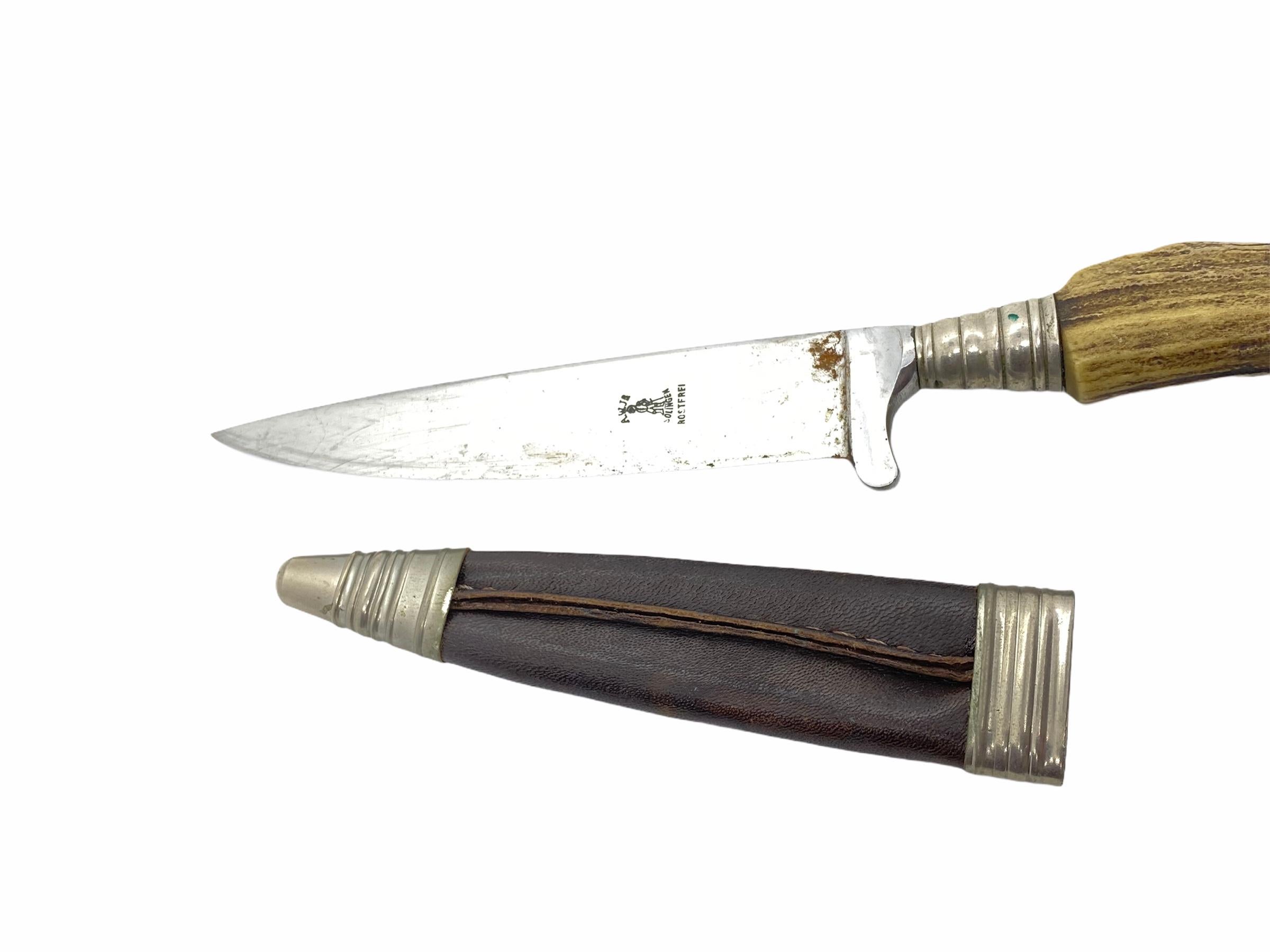 20th Century Antler Handle Fixed Blade Knife with Leather Sheath Vintage German Folk Art