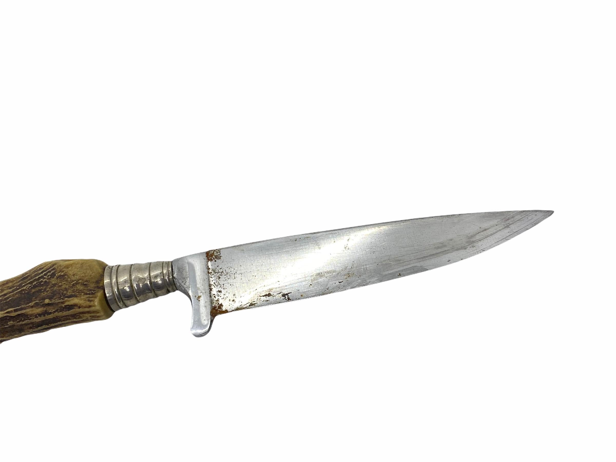 Metal Antler Handle Fixed Blade Knife with Leather Sheath Vintage German Folk Art