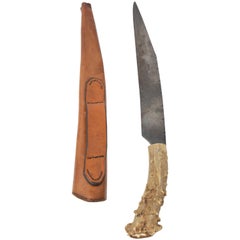 Vintage Antler Handle Long Blade Knife with Leather Sheath