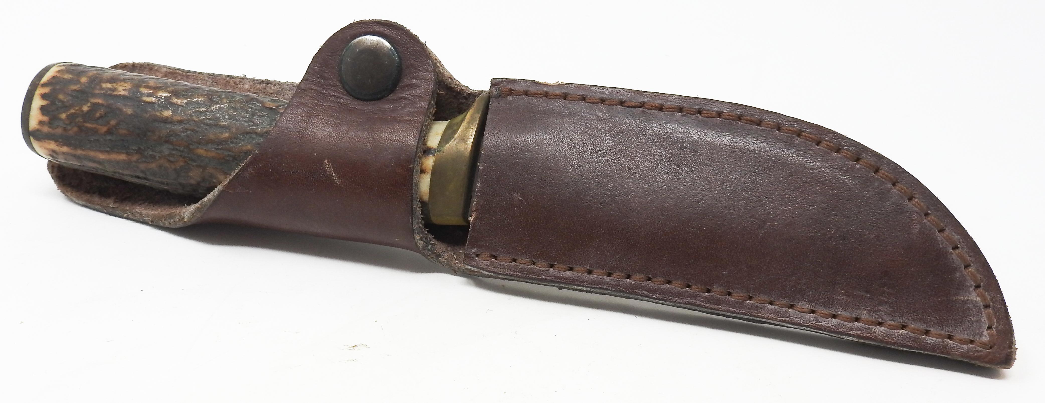 20th Century Antler Handle Short Knife with Leather Sheath For Sale