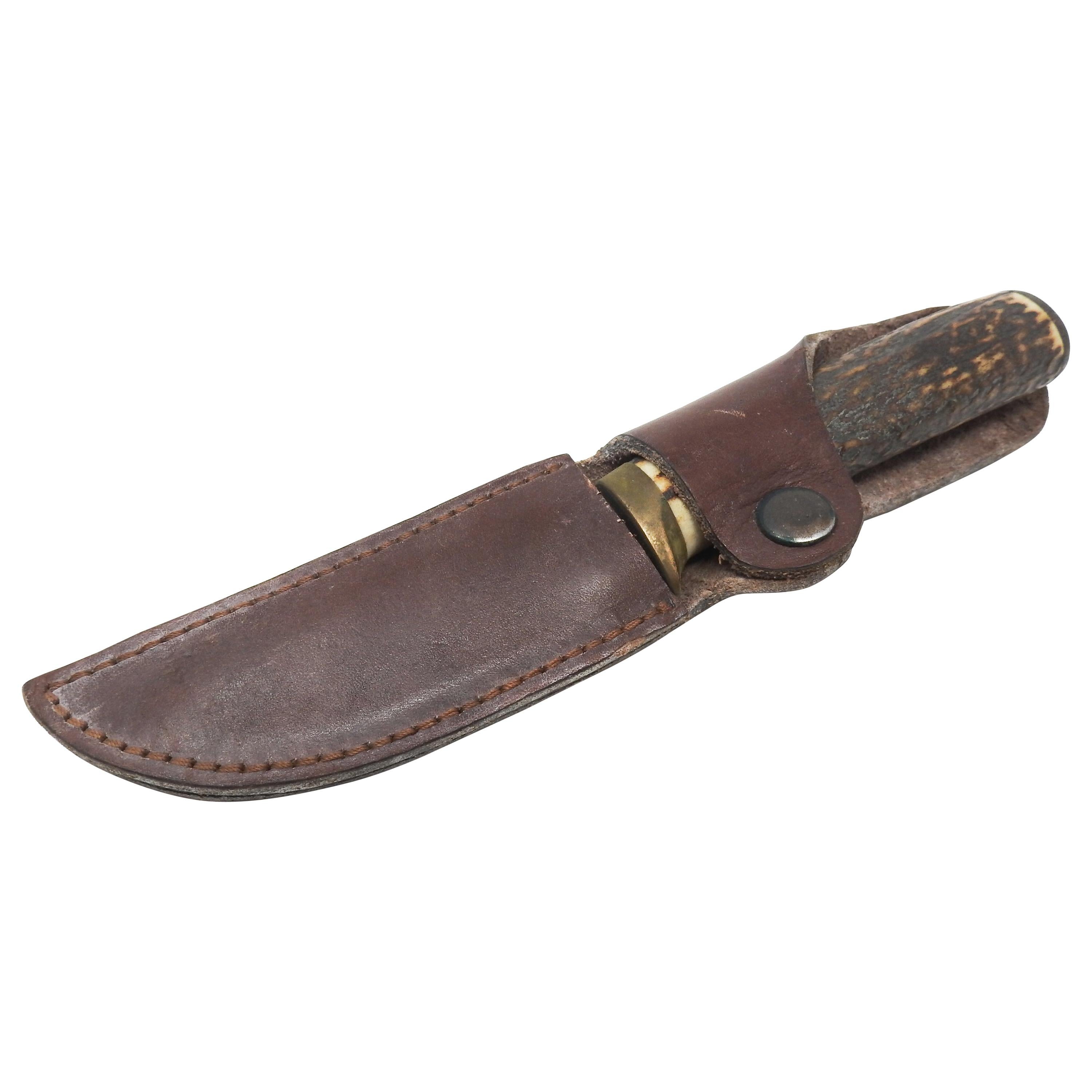 Antler Handle Short Knife with Leather Sheath For Sale