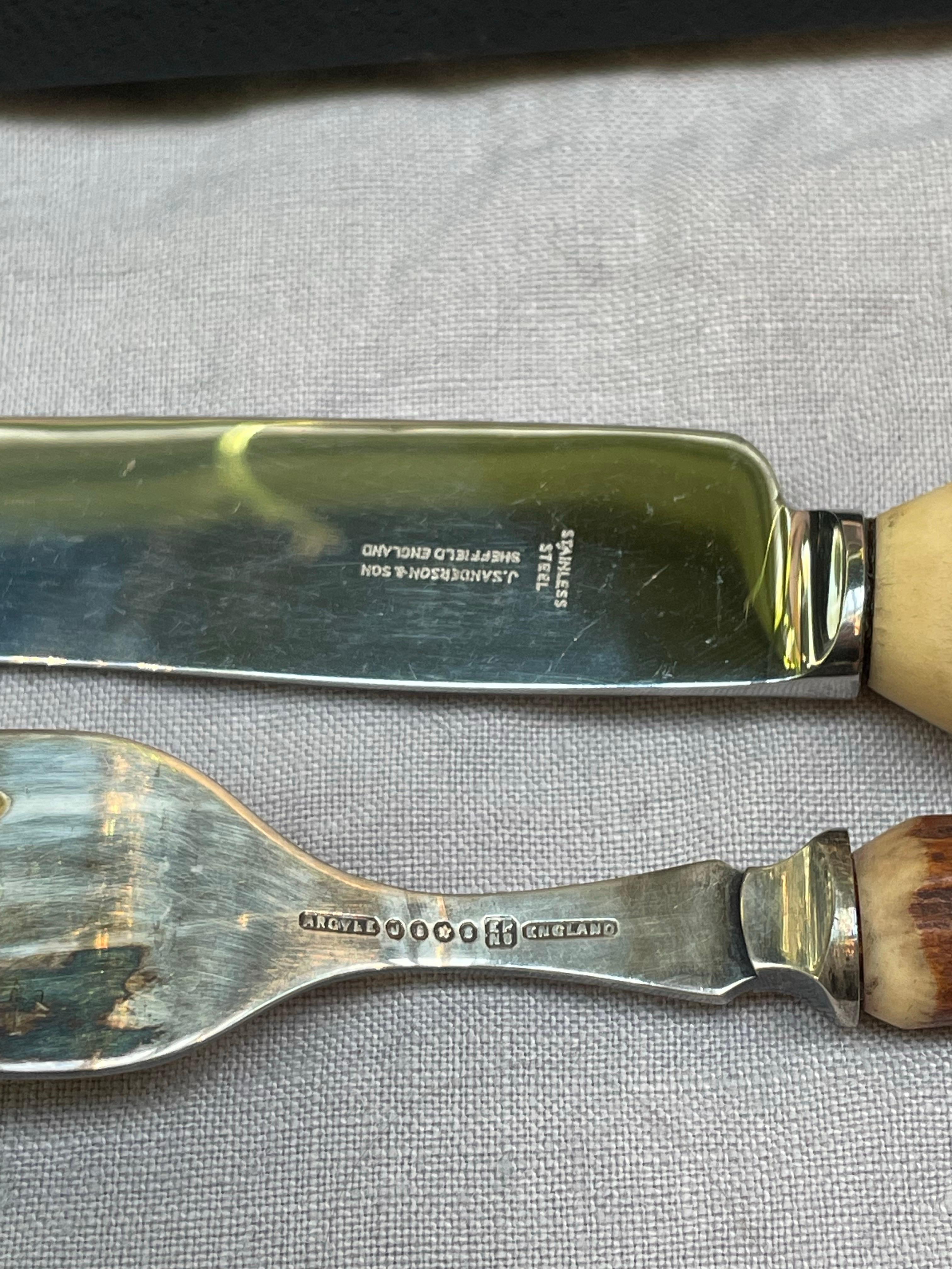 20th Century Antler-Handled Steak and Serving Set by J. Sanderson & Son, Sheffield, England For Sale