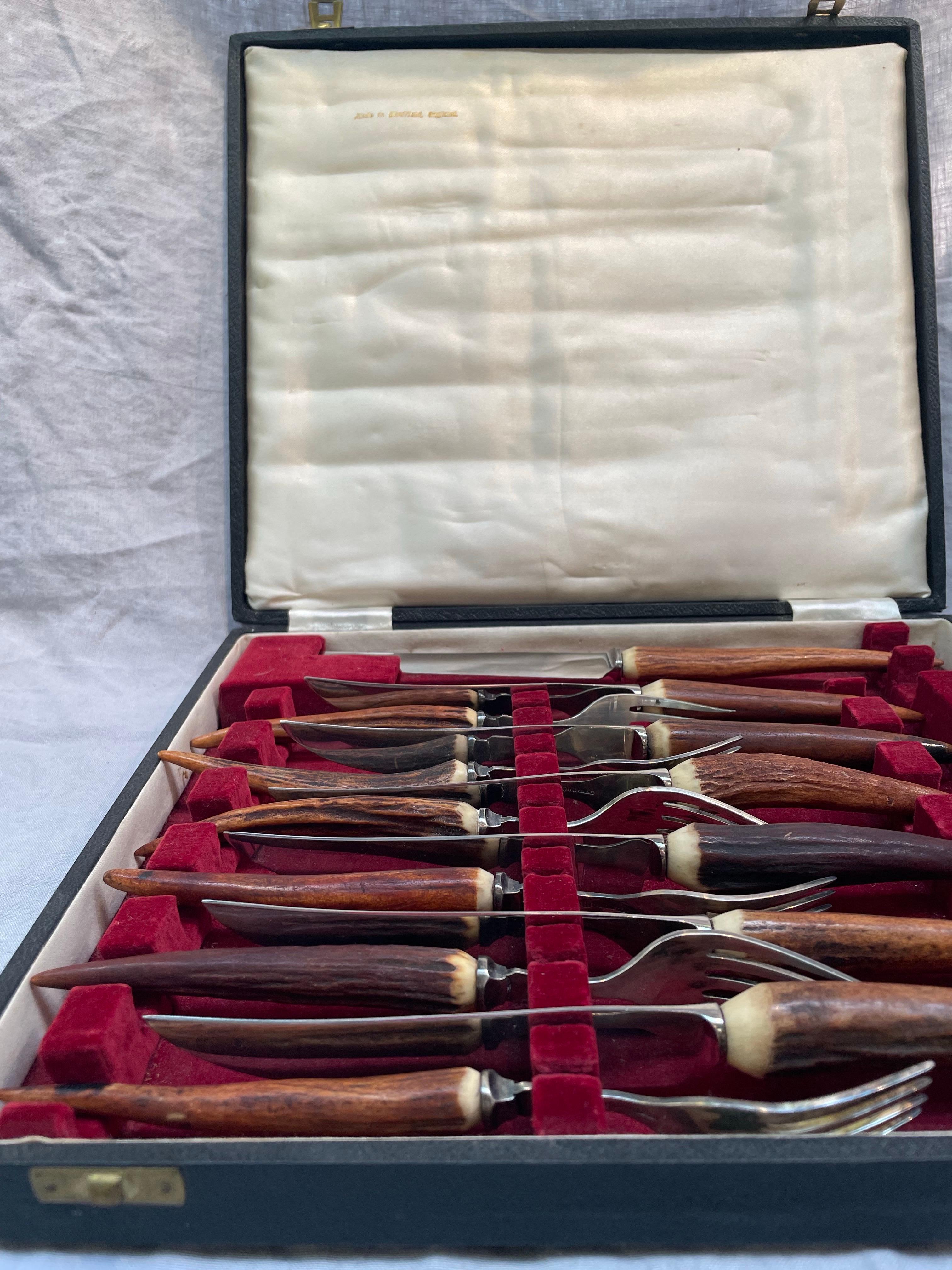 Stainless Steel Antler-Handled Steak and Serving Set by J. Sanderson & Son, Sheffield, England For Sale