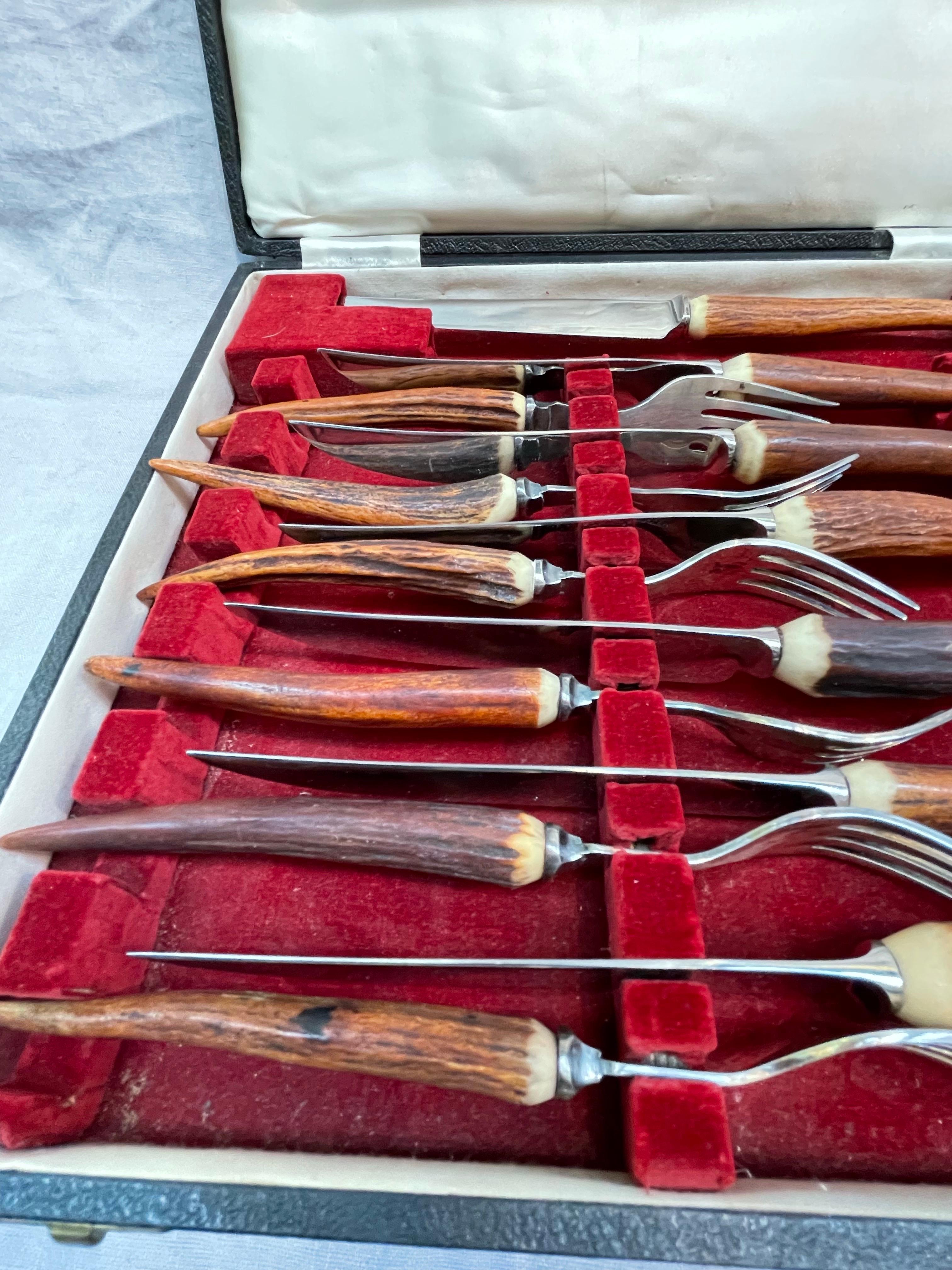 Antler-Handled Steak and Serving Set by J. Sanderson & Son, Sheffield, England For Sale 2