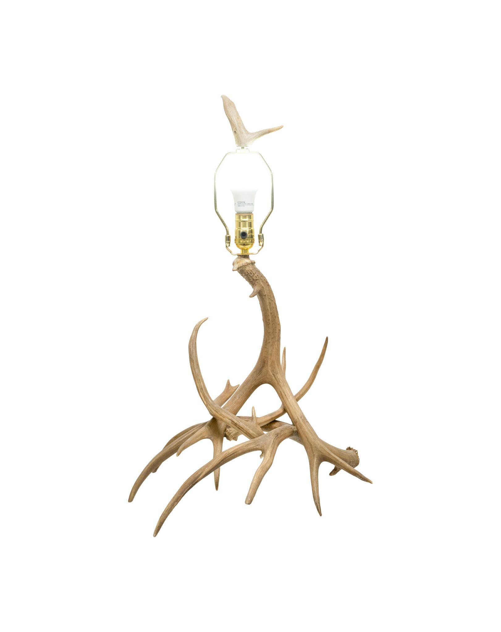 Natural antler table lamp. Featuring three antlers comprising base and oil painted shade with antler finial and brass-colored hardware. Simple, elegant design, great for a rustic or modern cabin. Antlers are a warm, light beige tone with some