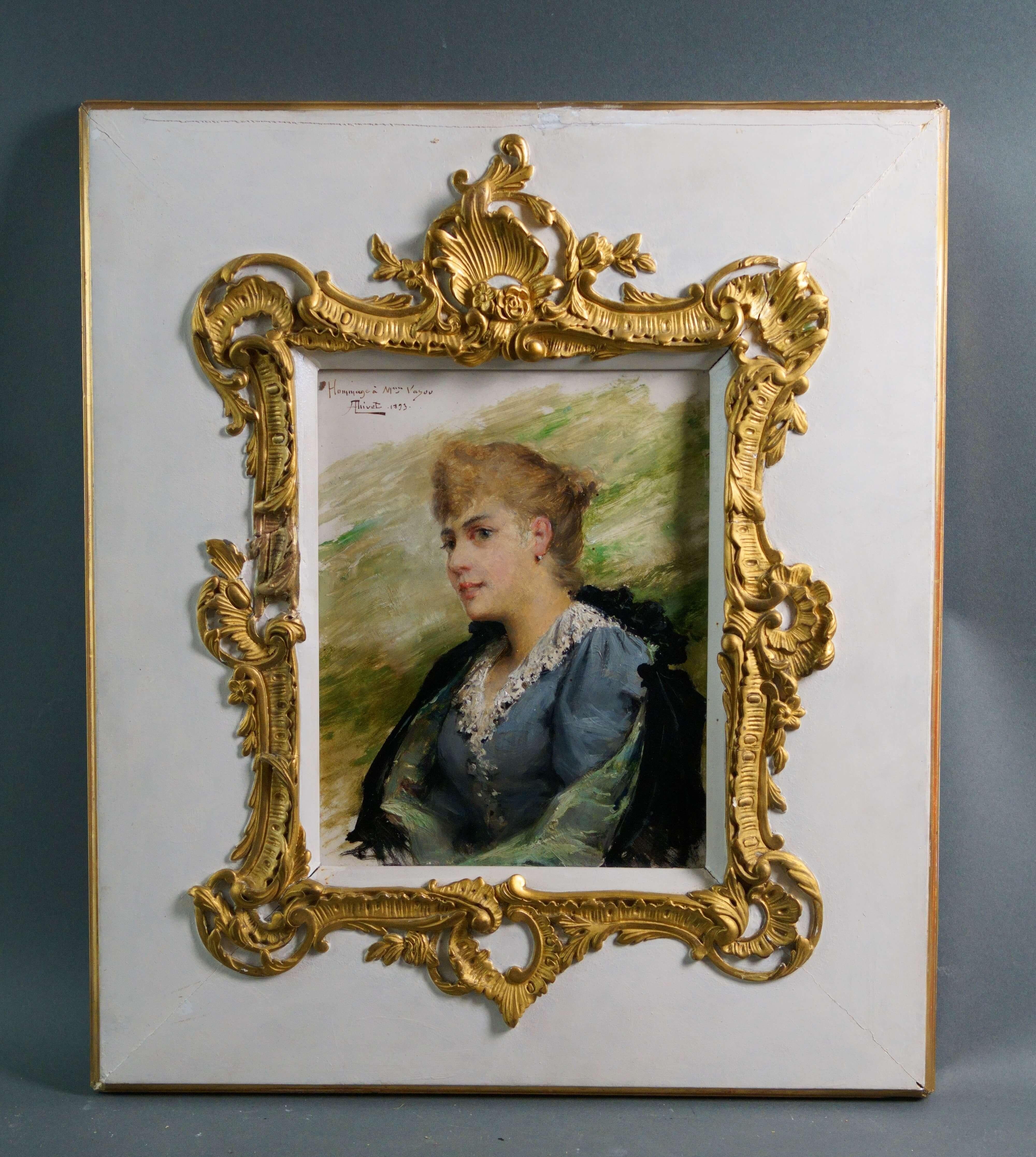 Antoine-Auguste Thivet (1856-1927) Ritratto di Madame Vayou, olio su cartone firmato, datato 1893 e dedicato. Nella sua cornice originale in legno laccato bianco e dorato.
Provenienza: successione ereditaria a Parigi

La bellezza della giovane