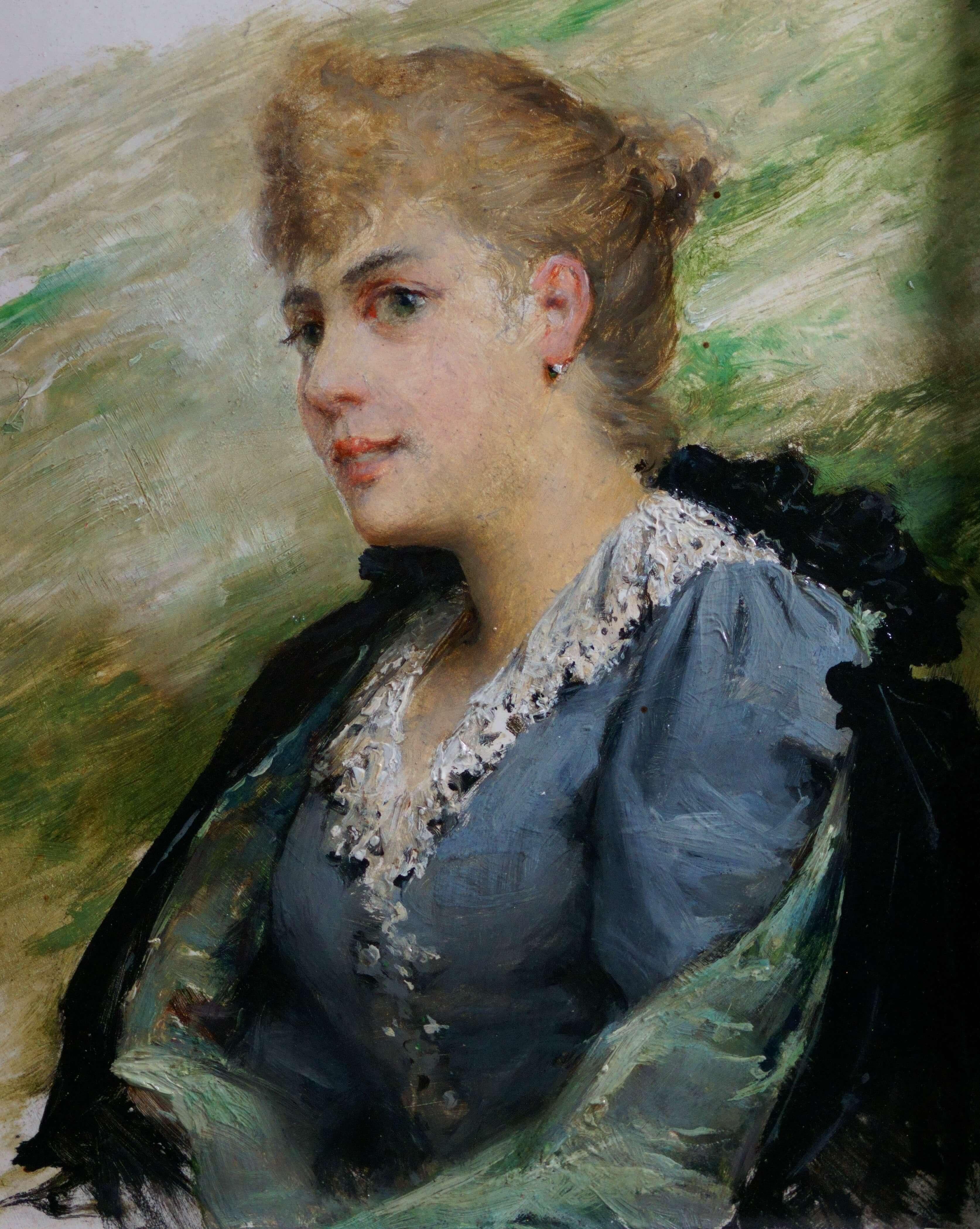 Ritratto di Madame Vayou Pittura Francese Art Nouveau in Cornice Dorata in vendita 1
