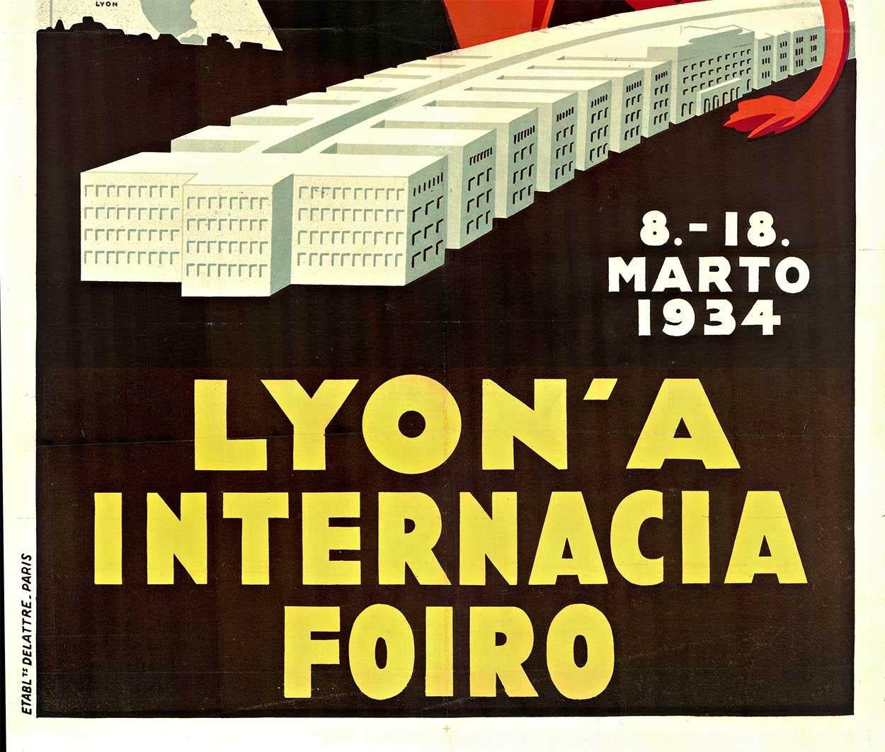 Original Lyon A Internacia Foiro 1934, Frankreich vintage art deco poster (Art déco), Print, von Antoine Bazin