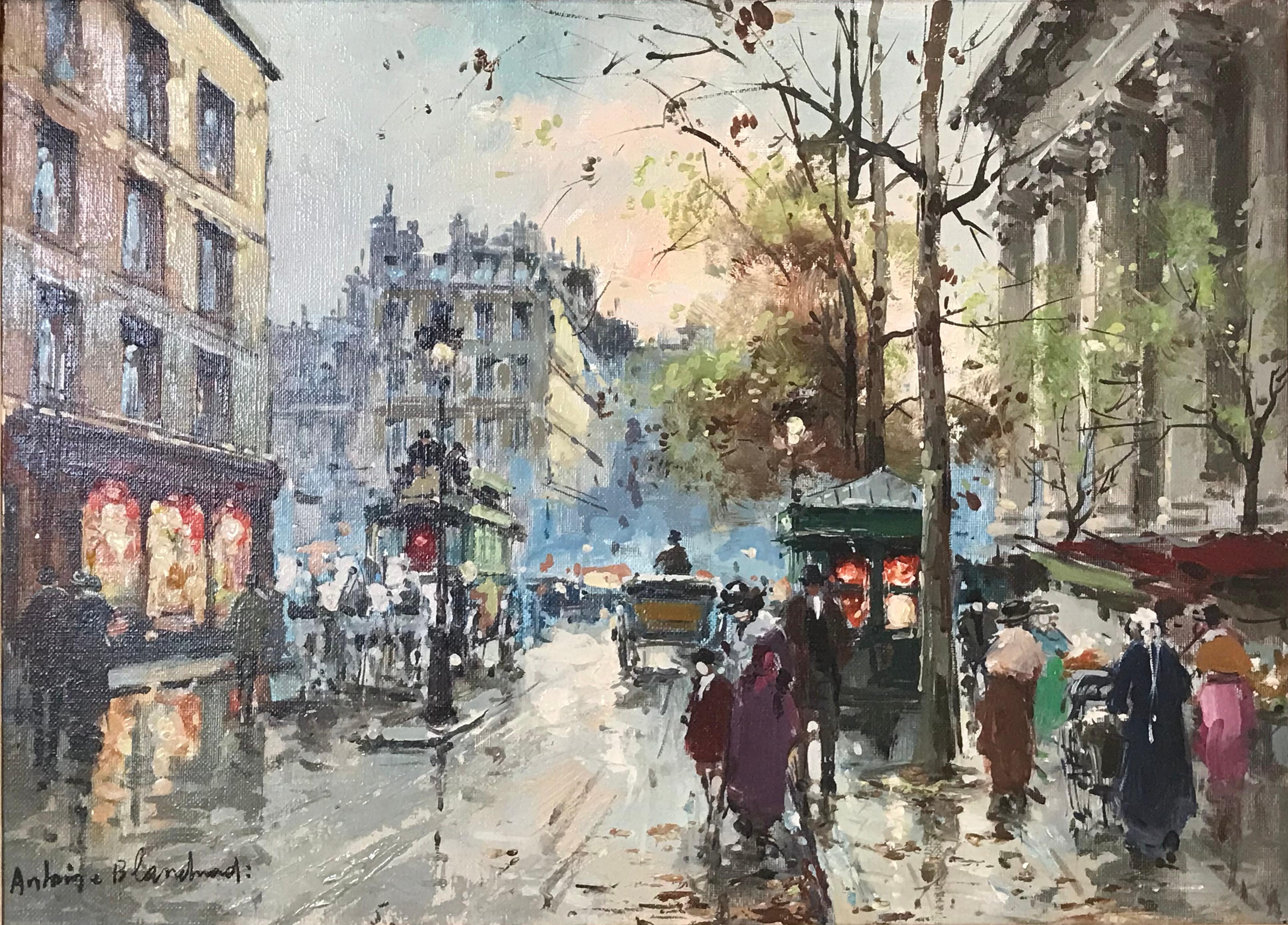 Antoine Blanchard (1910 - 1988) Boulevard Des Capucines, Place De La Madeleine. A wonderful and vibrant scene from the Grand Boulevards of Paris under the rain in fall. You can hear the horses prancing and carriages on the cobblestone streets. You