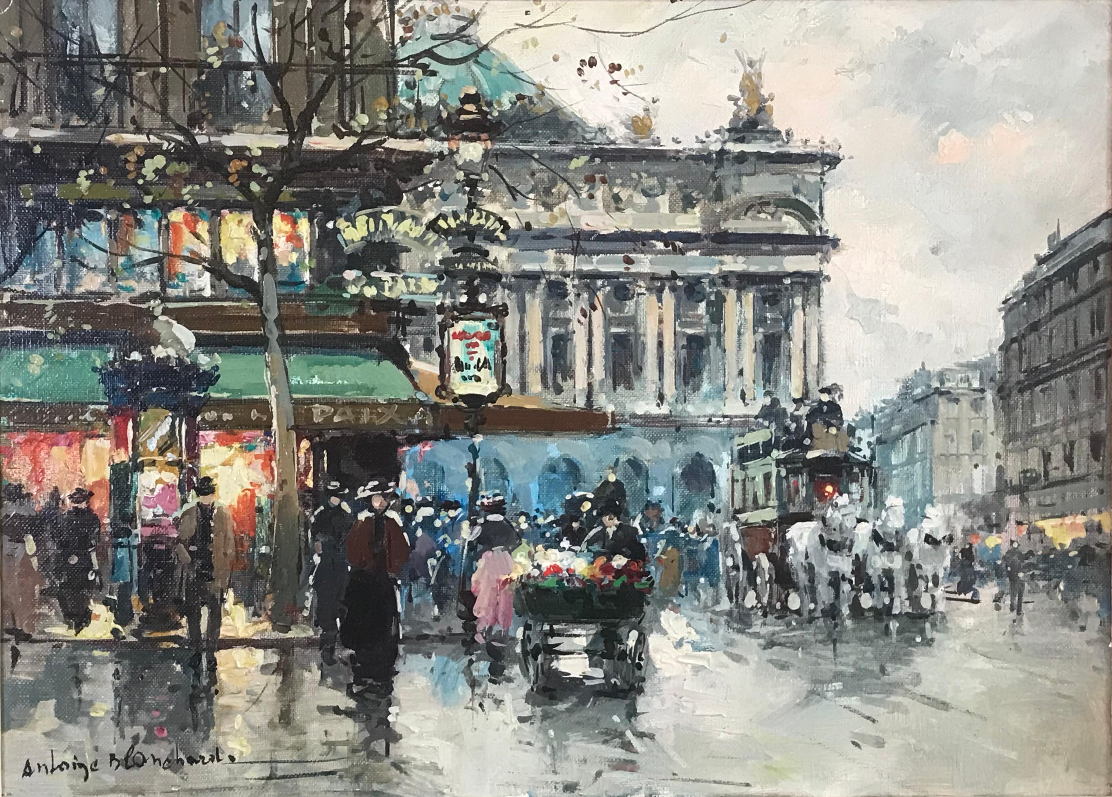 Antoine Blanchard (1910 - 1988) Cafe de la Paix. Circa 1950 wonderful and vibrant scene from the Grand Boulevards of Paris under the rain in fall. You can hear the horses prancing and carriages on the cobblestone streets. You can smell the fresh