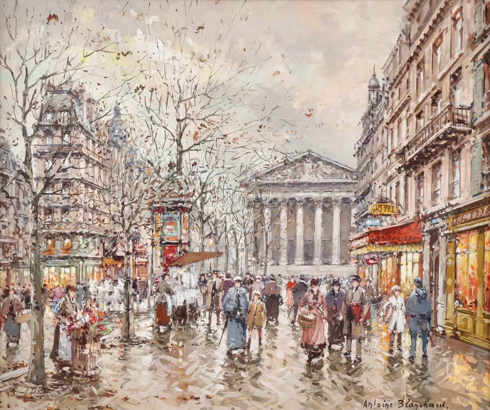 ANTOINE BLANCHARD (French 1910 - 1988)
La Rue Tronchet et la Madeleine 
Oil on canvas 
Circa 1980
Signed lower right and signed and titled on verso 
18 x 21.5 inches (47 x 54.5cm) 

A COA (Certificate of Authenticity) by REHs Galleries will
