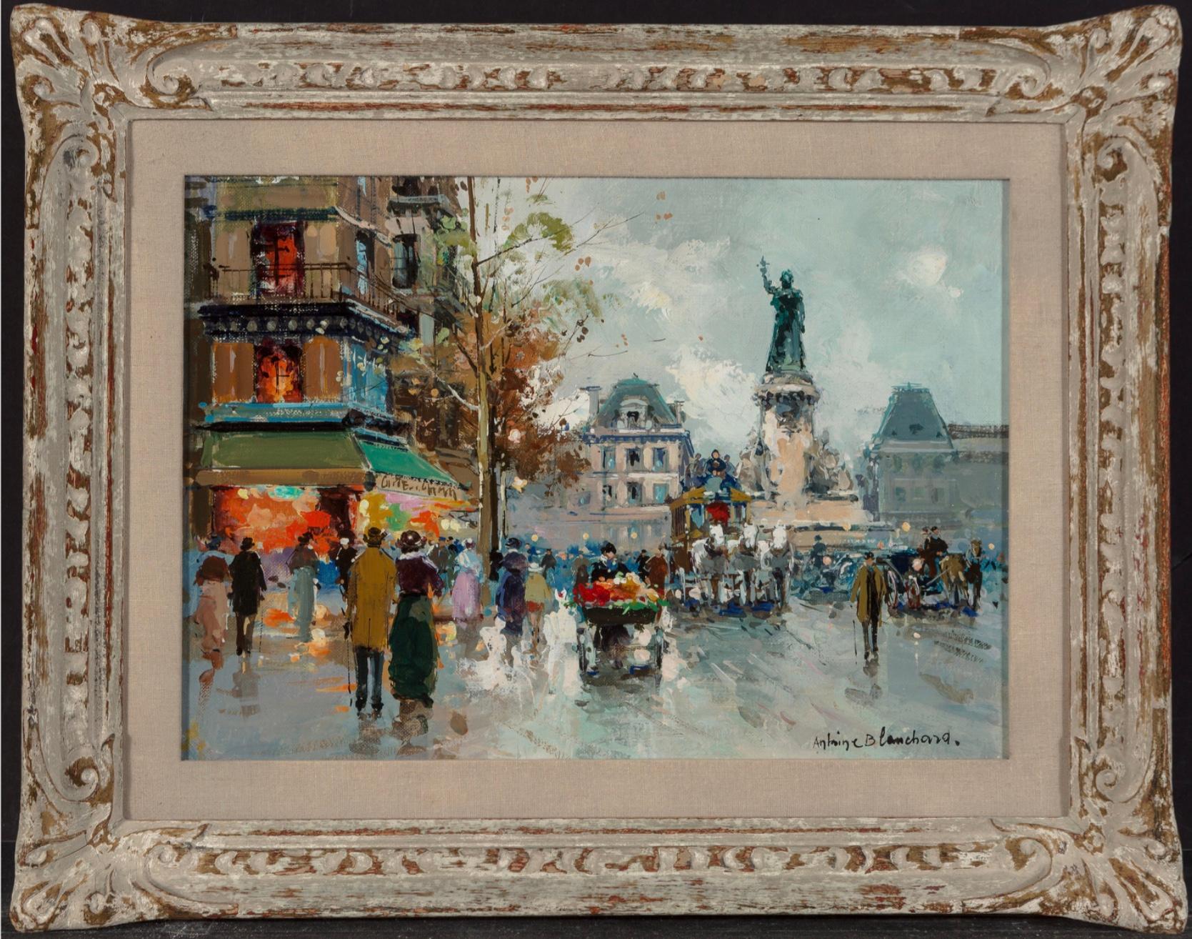 Antoine Blanchard (French, 1910-1988), circa 1955

A midcentury impressionist painting of a Paris street scene near Place De La Republique with horse drawn carriages and flower venders. The Republique statue point the way as pedestrians walk along