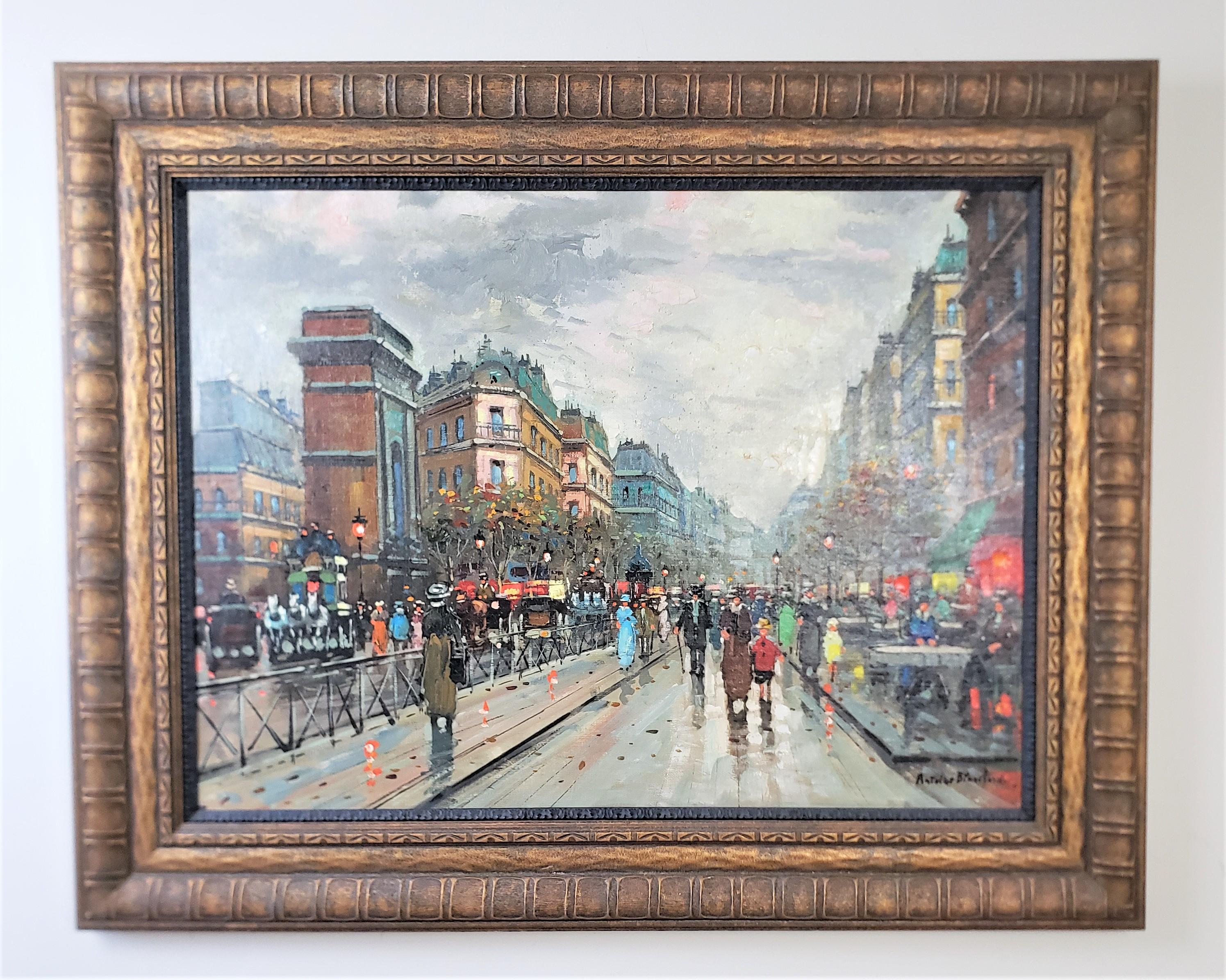 This large antique origina painting was done by well known Anoine Blanchard of France in approximately 1920 in his signature Impressionistic style. The painting is done with oil paint on canvas and depicts a Parisian street scene. The painting is