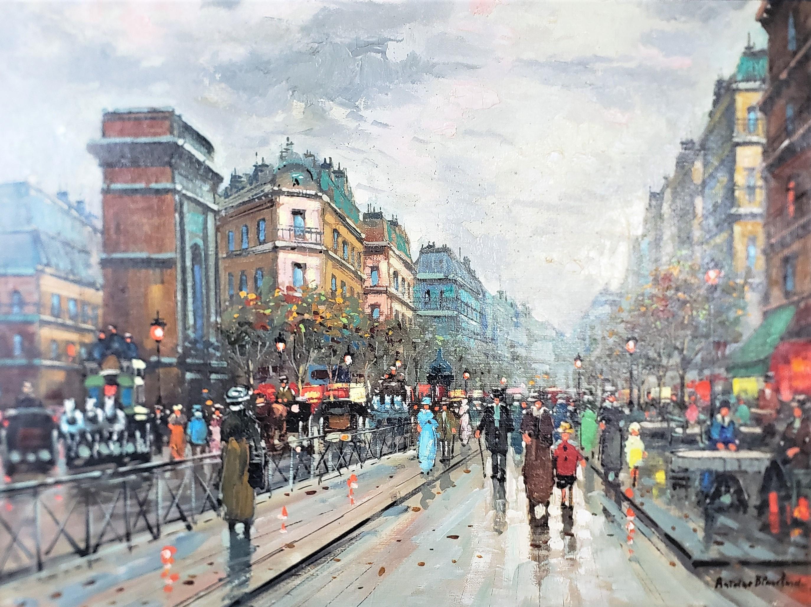 Art déco Peinture à l'huile sur toile originale d'Antoine Blanchard représentant une scène de rue parisienne en vente