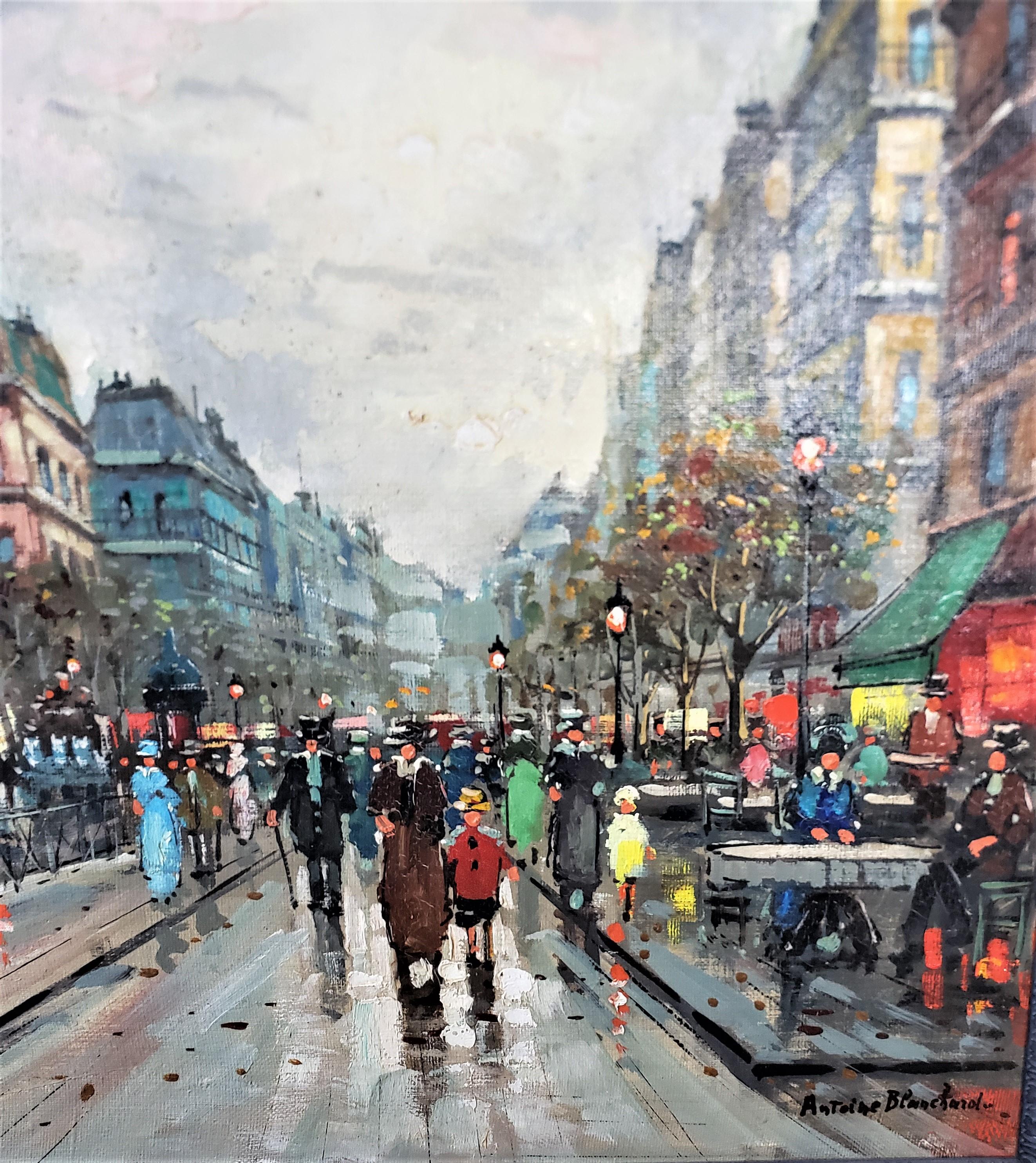 20ième siècle Peinture à l'huile sur toile originale d'Antoine Blanchard représentant une scène de rue parisienne en vente