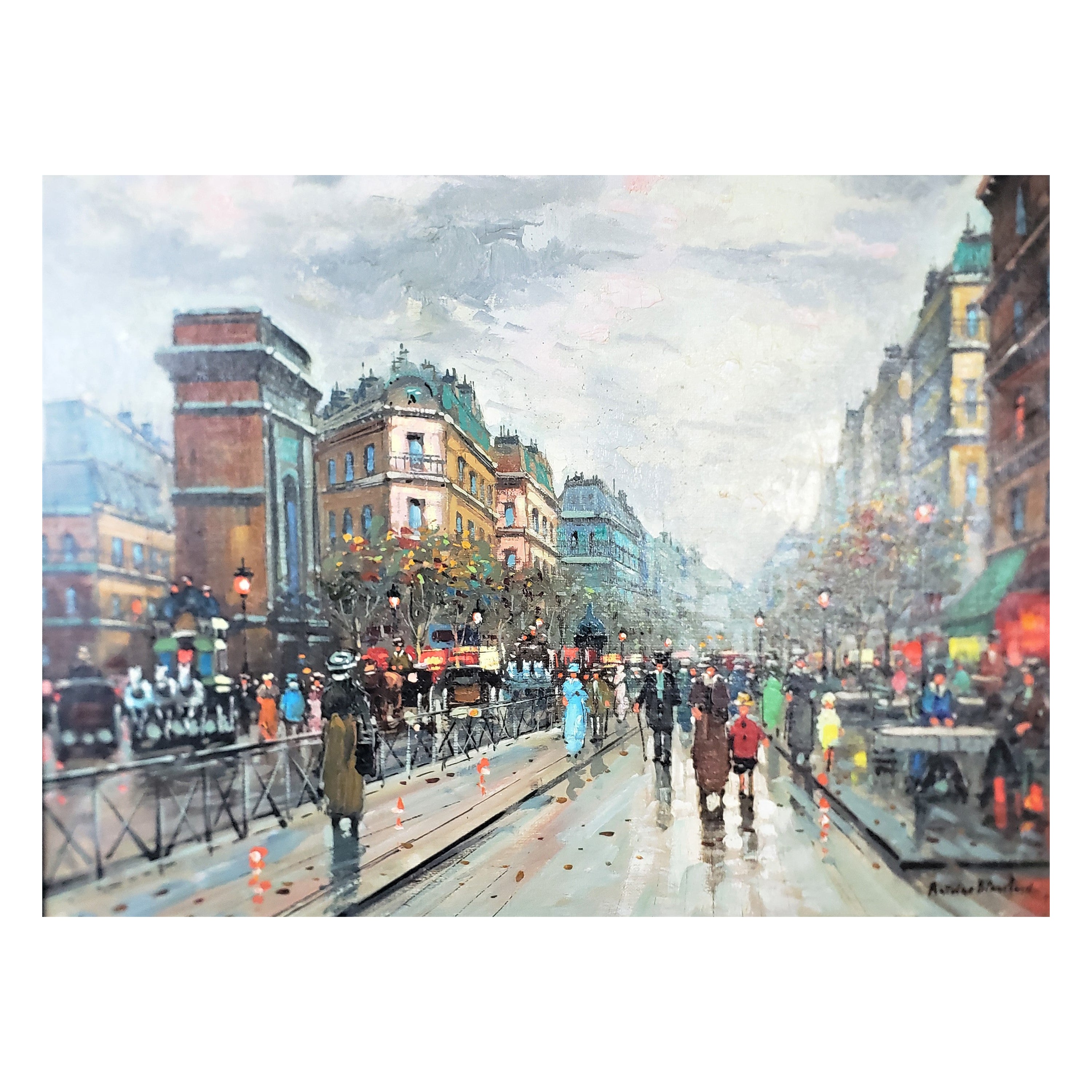 Antoine Blanchard Original Antique Parisian Street Scene Oil Painting on Canvas