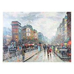 Antoine Blanchard Original Antique Parisian Street Scene Oil Painting on Canvas