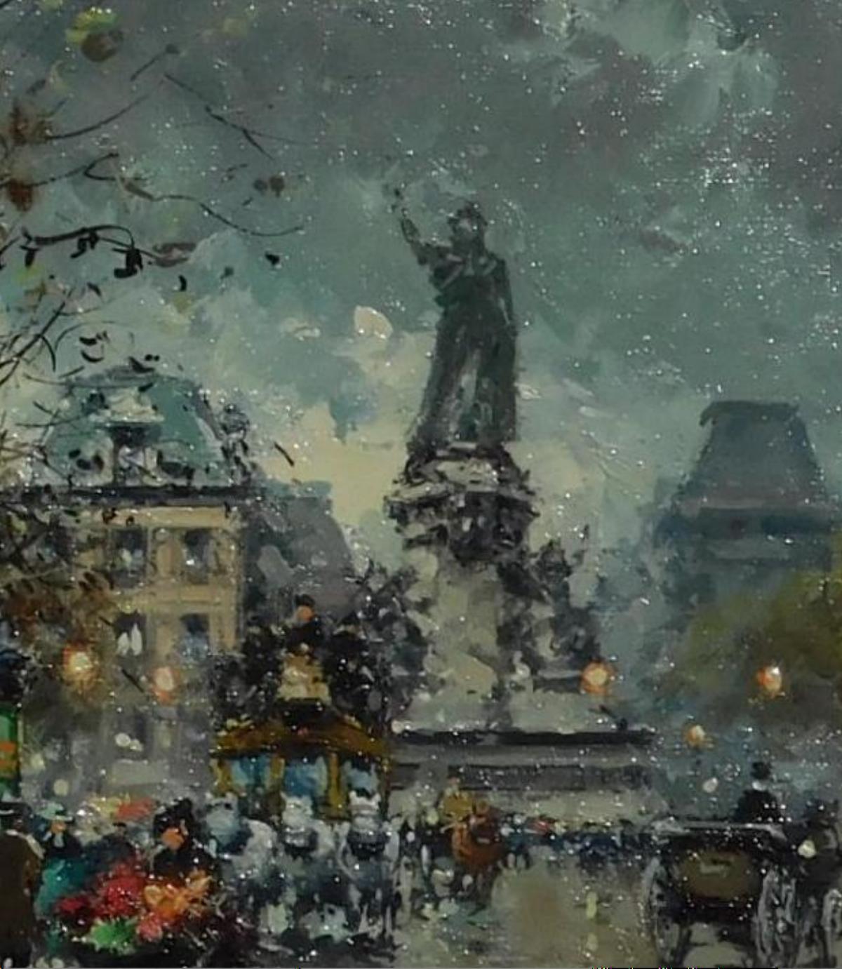 Antoine Blanchard Original Oil on Canvas, Place De La Republique, Paris In Good Condition In Phoenix, AZ