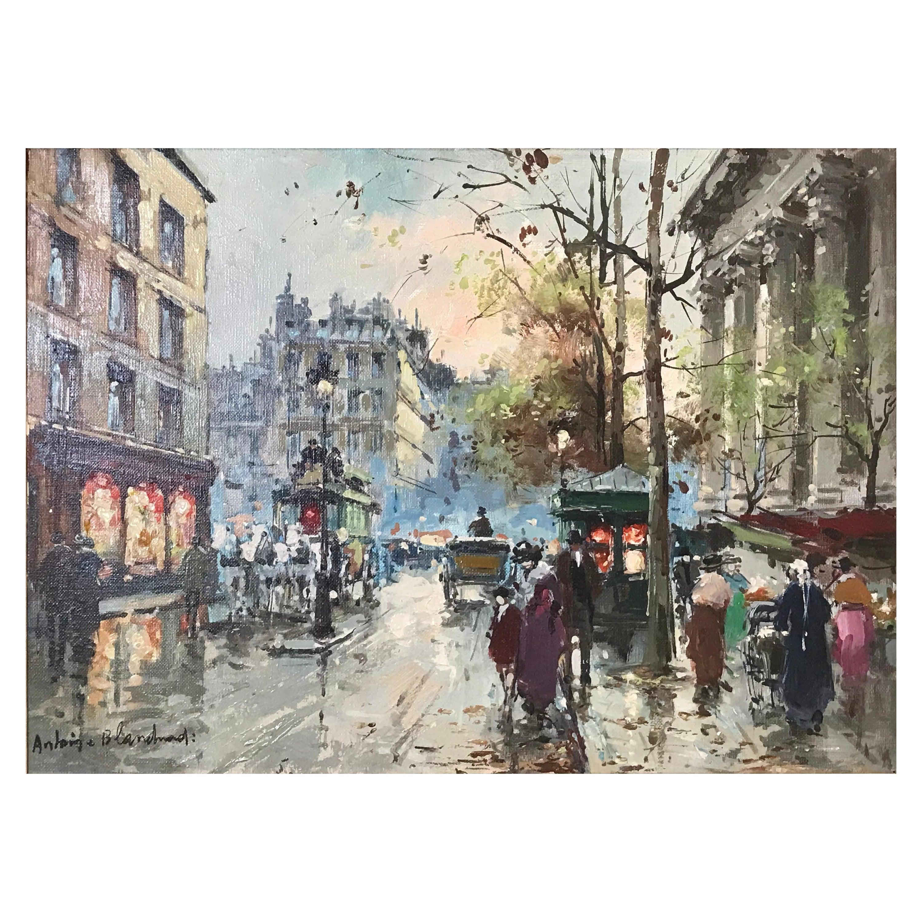 Antoine Blanchard (1910 - 1988) Boulevard Des Capucines, Place De La Madeleine. Una meravigliosa e vibrante scena dei Grand Boulevards di Parigi sotto la pioggia autunnale. Puoi sentire i cavalli che saltellano e le carrozze che percorrono le strade