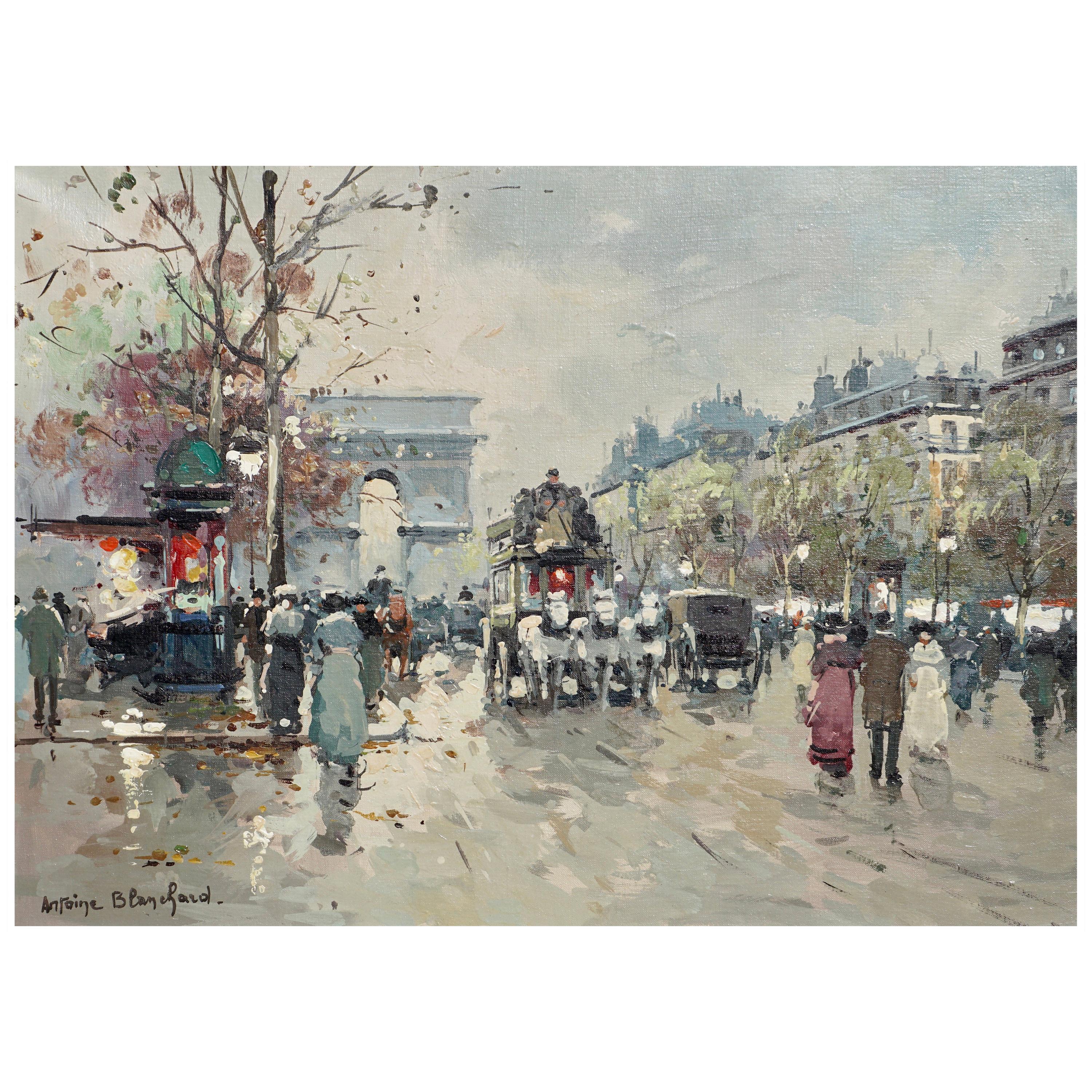 Antoine Blanchard, oil on canvas, "L' Arc de Triumphe", Circa 1950. A typical rainy day on the boulevards of Paris with horse drawn carriages and pedestrians getting on with their day.

Signed B/L and verso. 

Painting: 13 Inches x 18 Inches.
Frame: