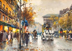 Antoine Blanchard Paris Boulevard Street Scene Painting with Horse Carriage