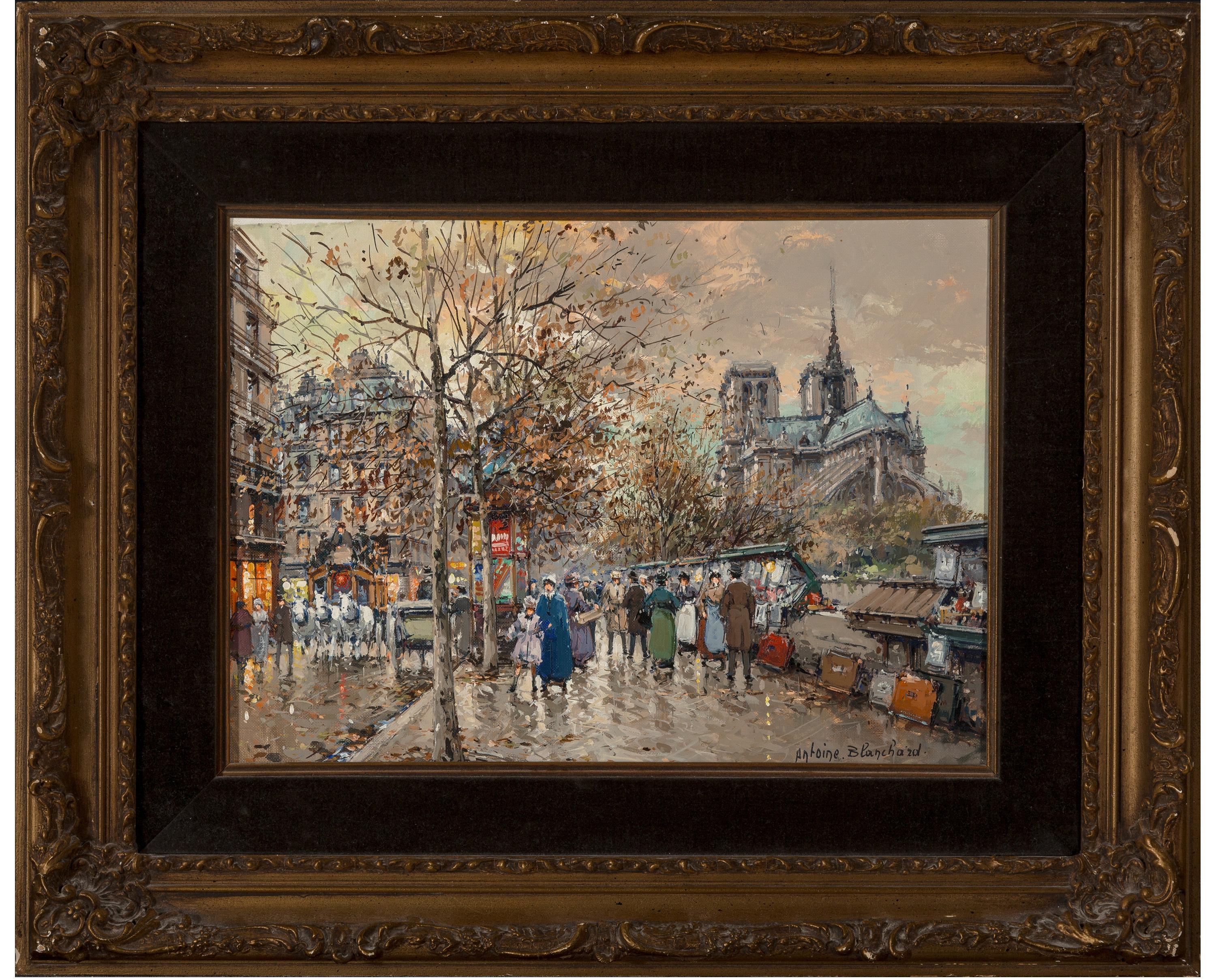 Antoine Blanchard, Paris Street scene, Books sellers, Book sellers on the Seine,  Notre Dame
Framed size is 23 x 28 inches
