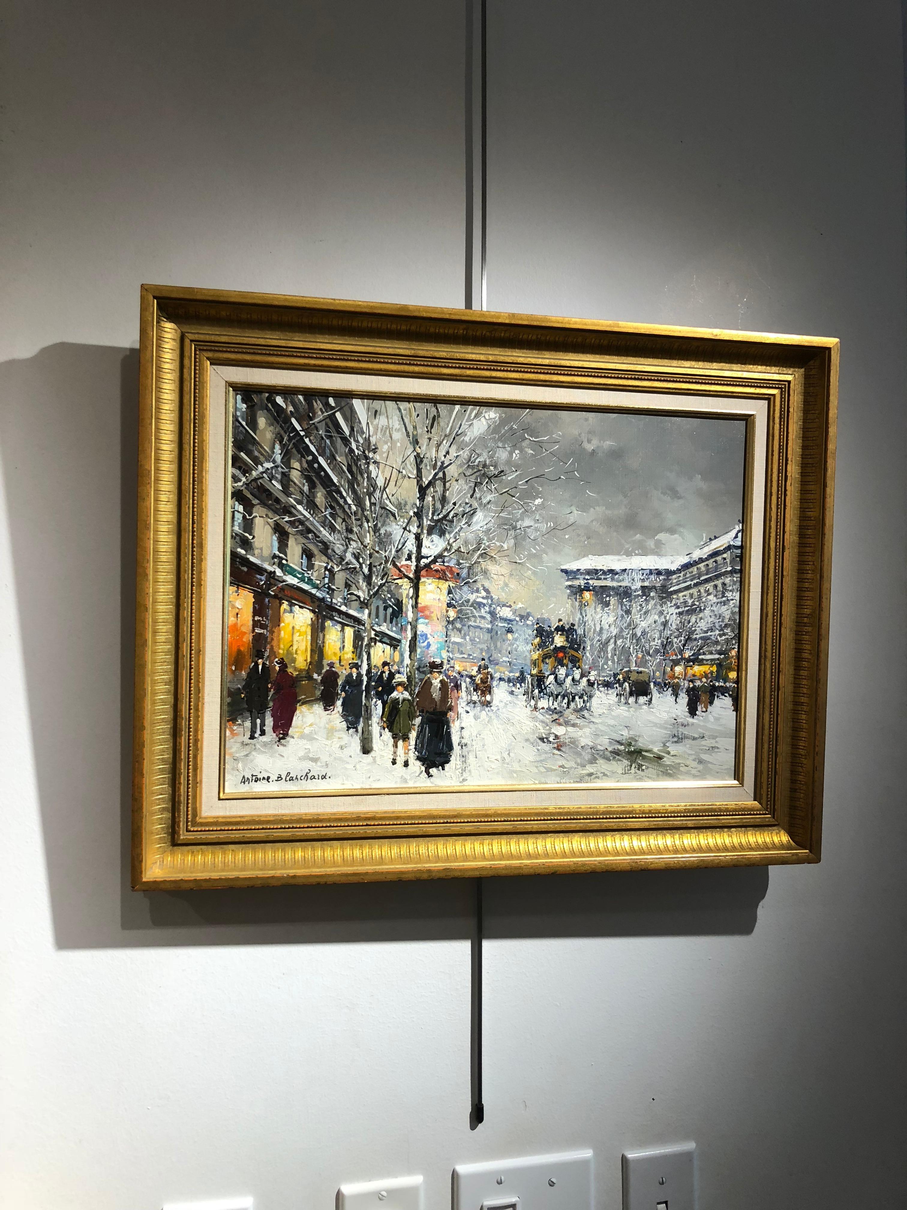 Boulevard de la Madaleine sous la Neige - Figurative Painting Marrón de Antoine Blanchard