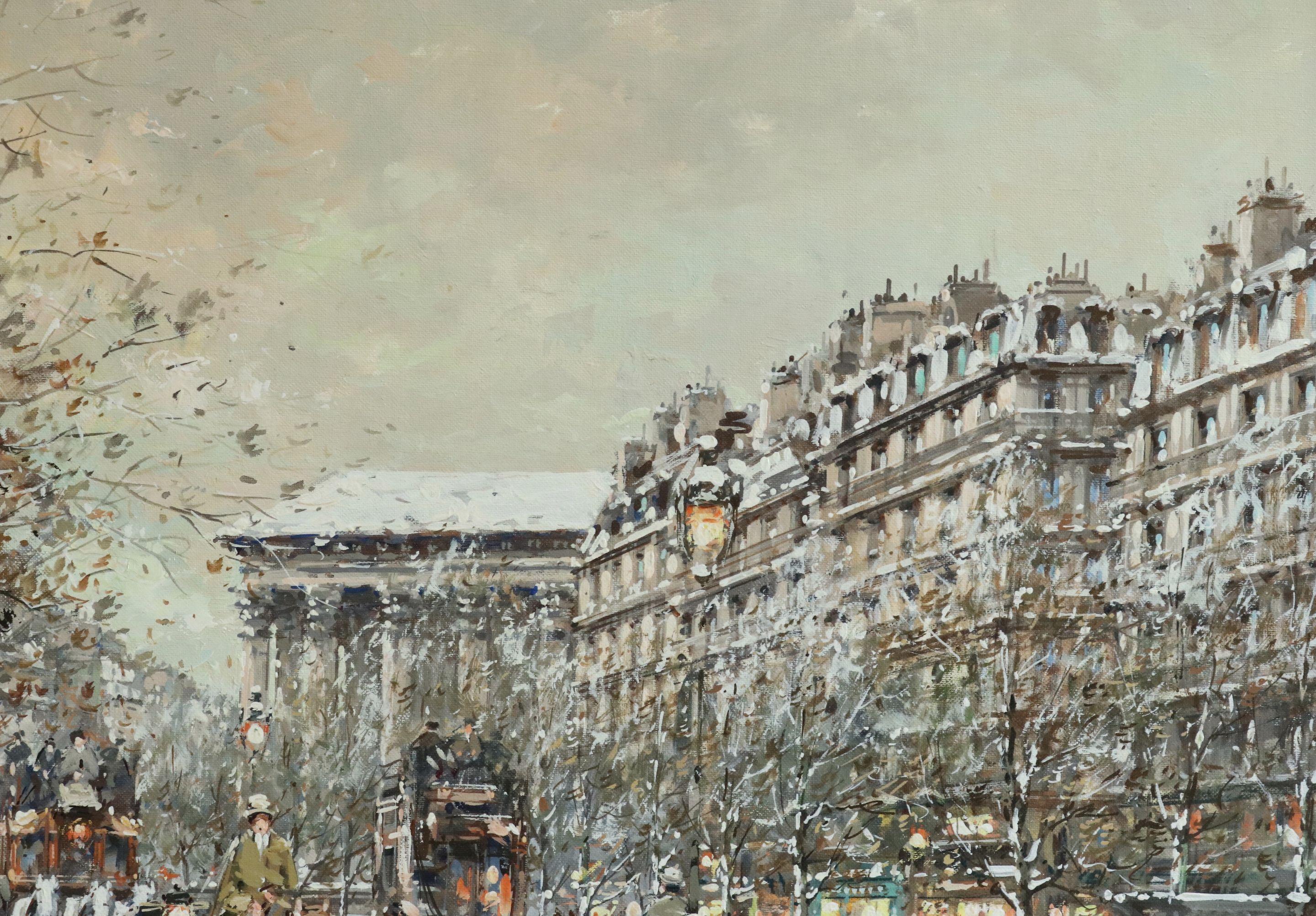 Boulevard de la Madeleine - 20th Century Oil, Figures in Cityscape by Blanchard - Brown Landscape Painting by Antoine Blanchard